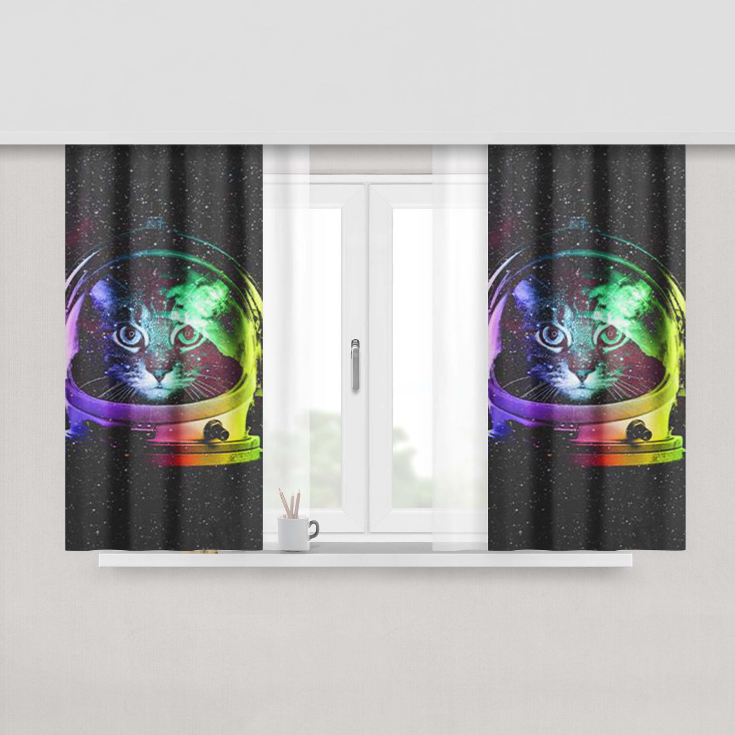 Astro Cat Galaxy Nebula Peach Skin Window Curtains