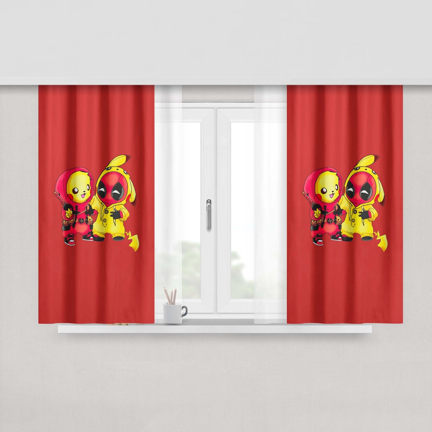 Baby Deadpool And Baby Pikachu Drawing Peach Skin Window Curtains