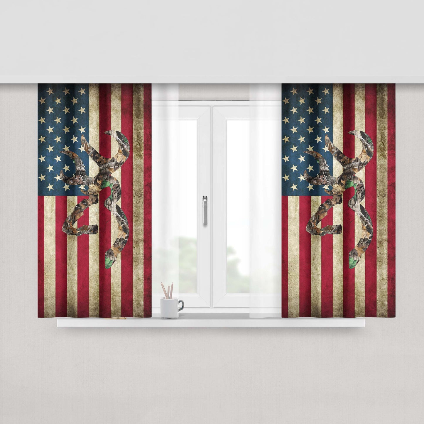 Browning Deer Real Tree Camo Usa Flag Peach Skin Window Curtains