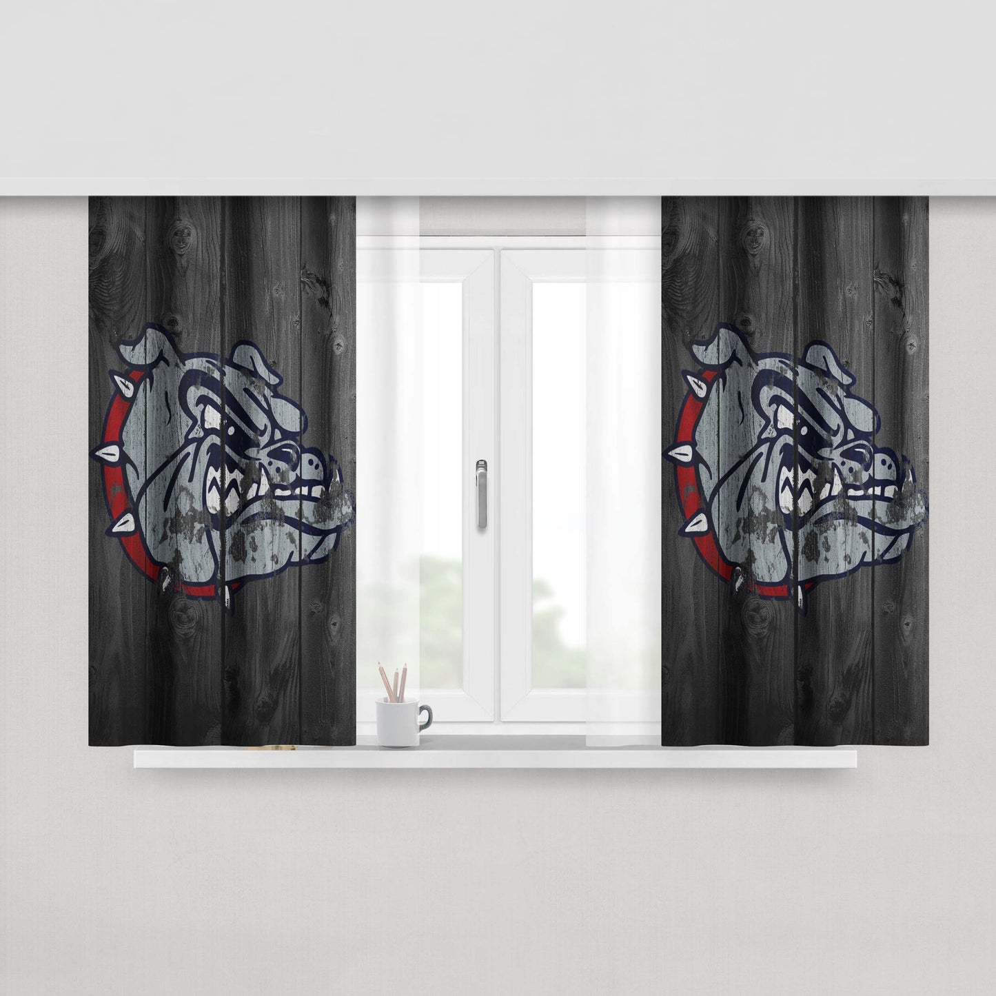 Bulldog Gonzaga University Logo Dark Wood Wallpaper Peach Skin Window Curtains