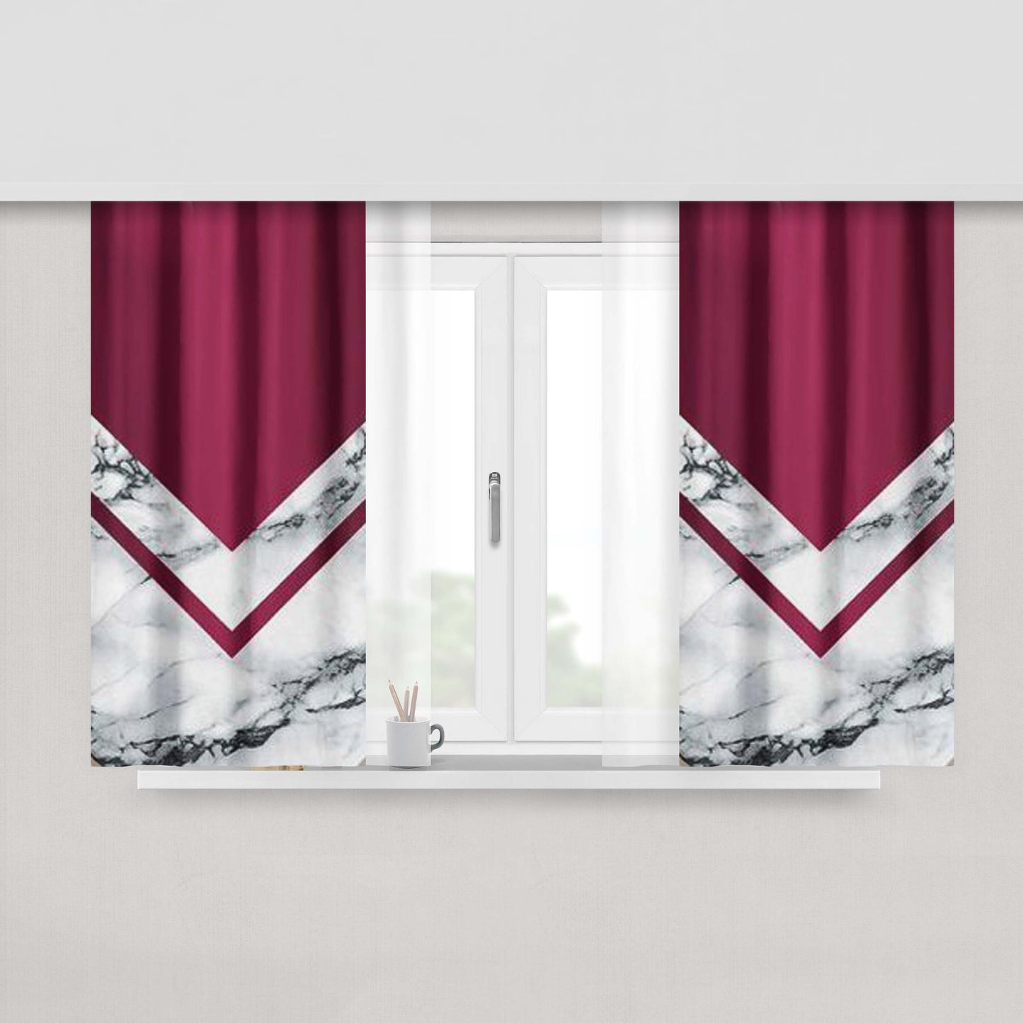 Burgundy Marble Print Peach Skin Window Curtains