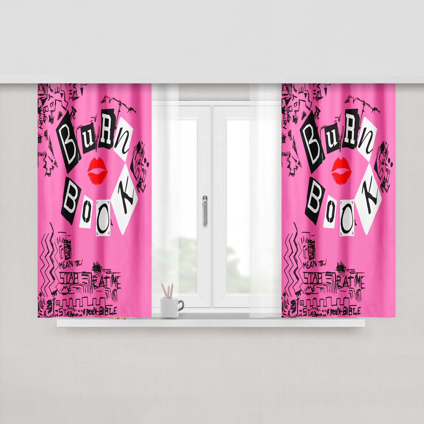 Burn Book Funny Quote Kiss Pink Peach Skin Window Curtains