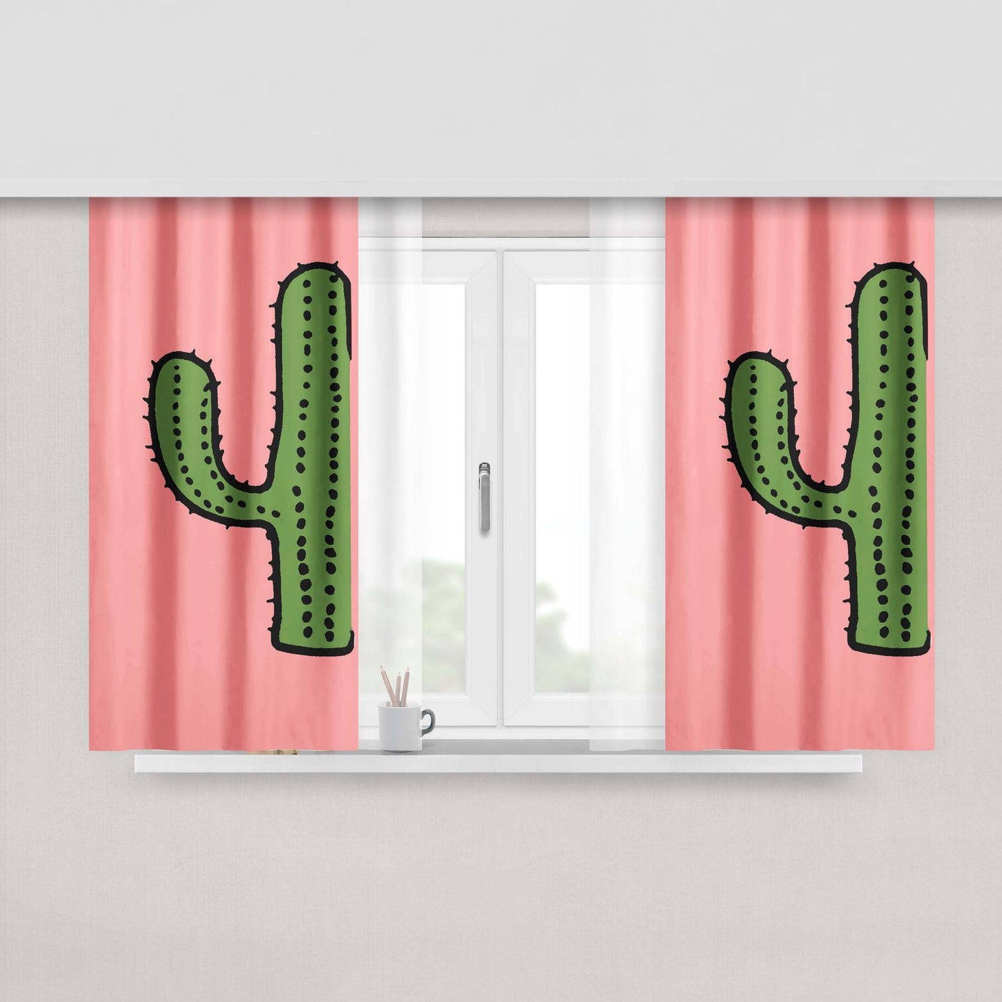 Cactus Green Plants Nature Cartoon Pink Peach Skin Window Curtains
