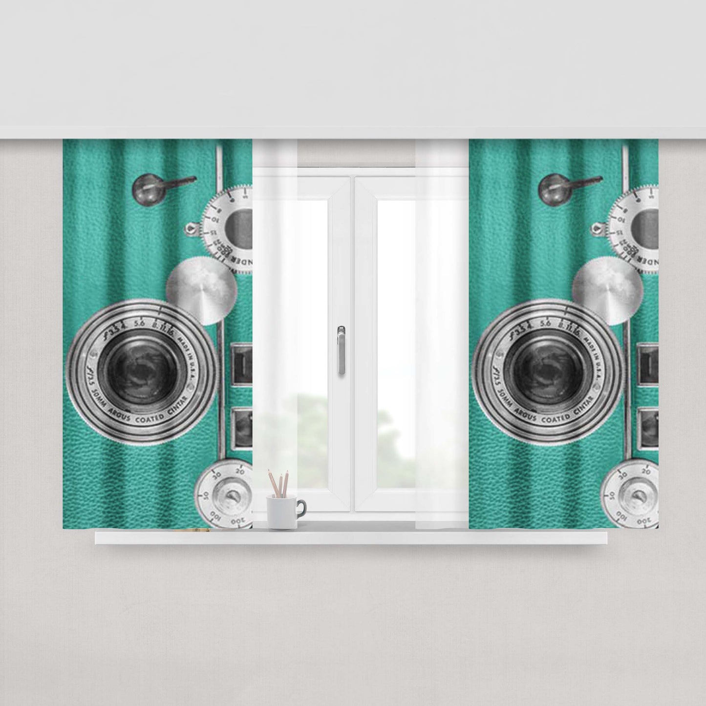Camera Vintage Teal Peach Skin Window Curtains