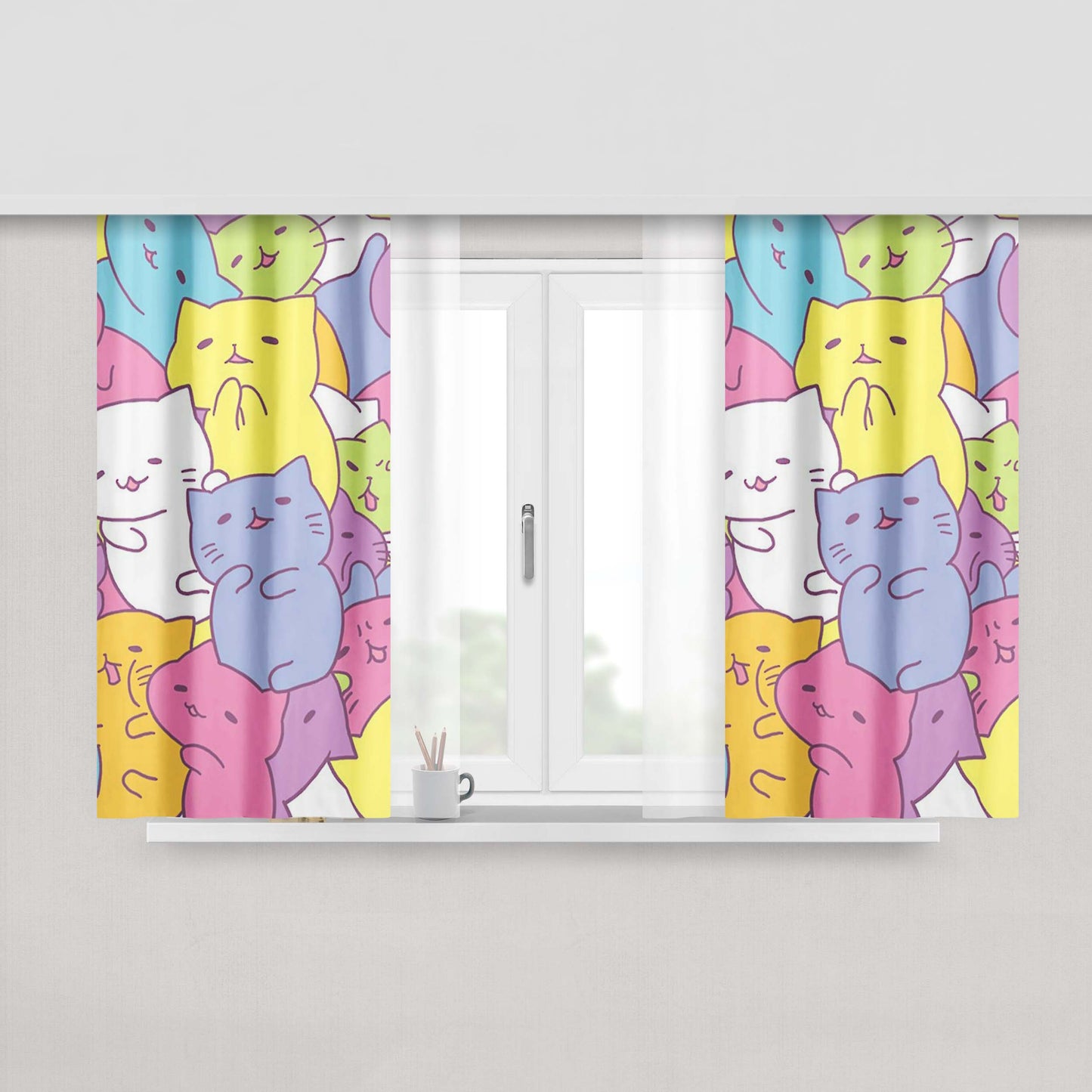 Candy Cute Cat Rainbow Peach Skin Window Curtains