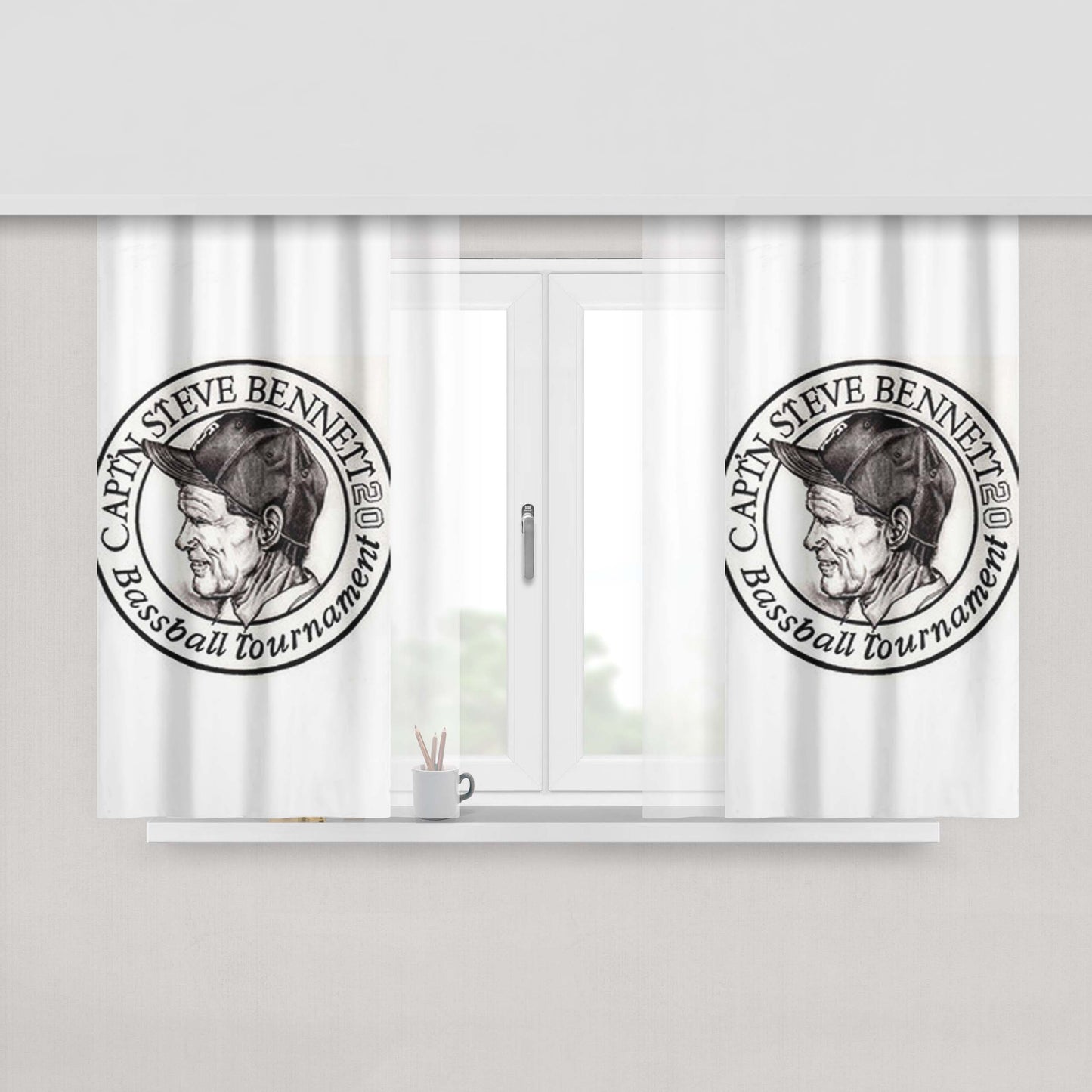 Captn Steve Bennett Baseball Logo White Peach Skin Window Curtains