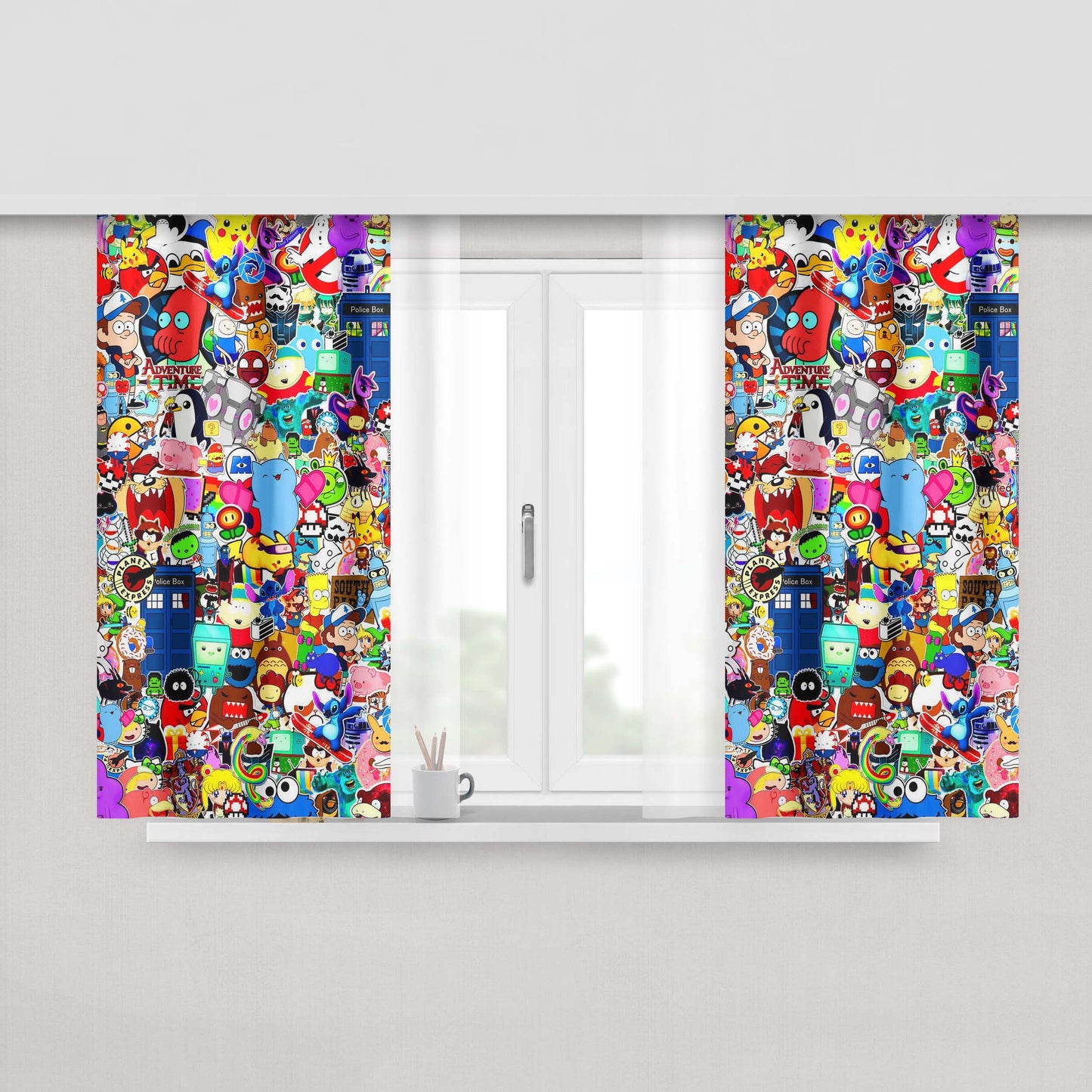 Cartoon Collage Peach Skin Window Curtains