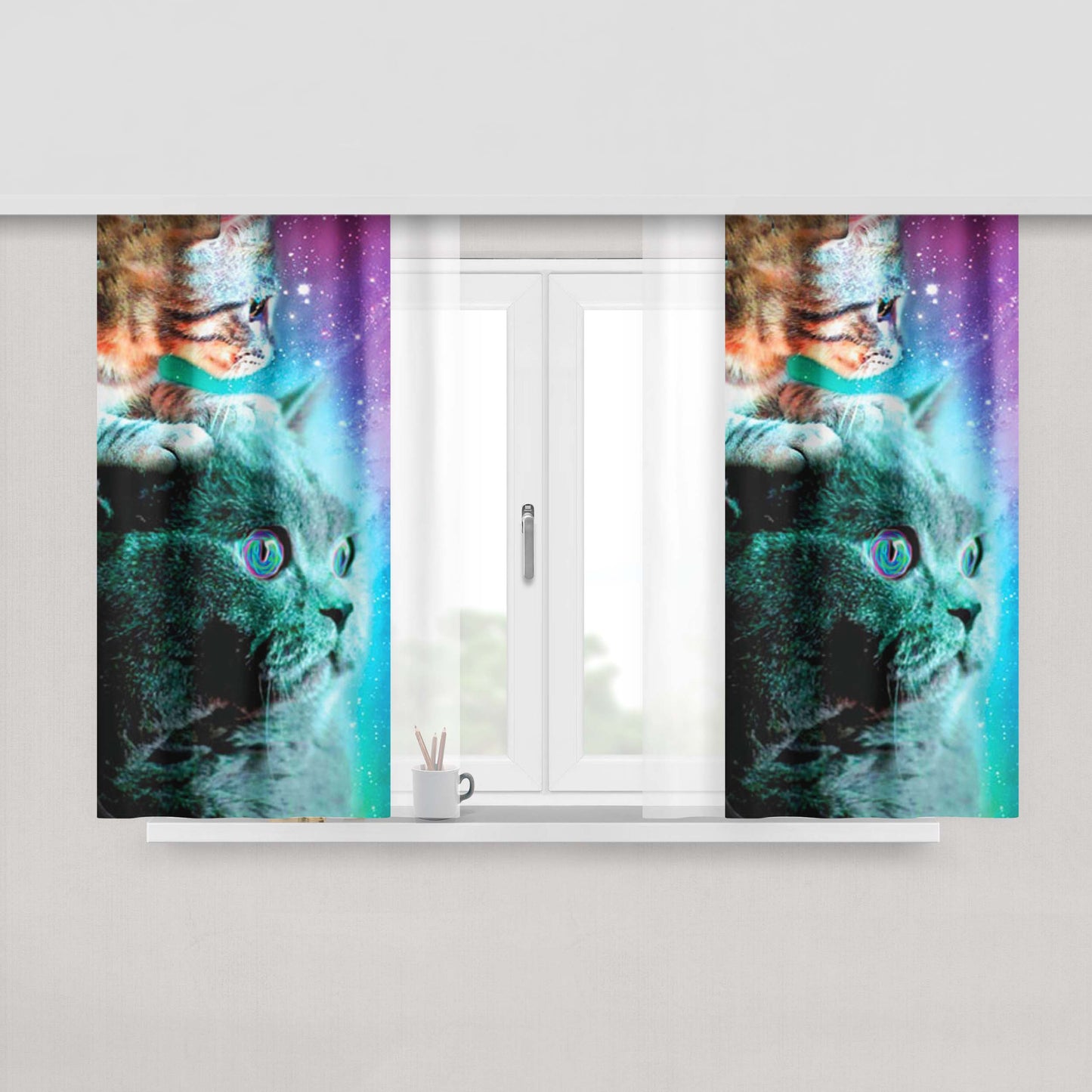 Cat & Kitten Stellar Nebula Peach Skin Window Curtains
