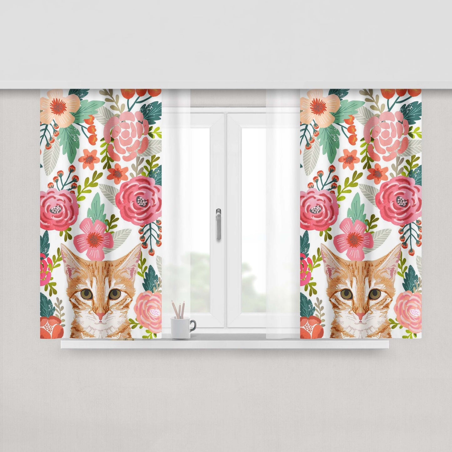 Cat Floral Cute Peach Skin Window Curtains