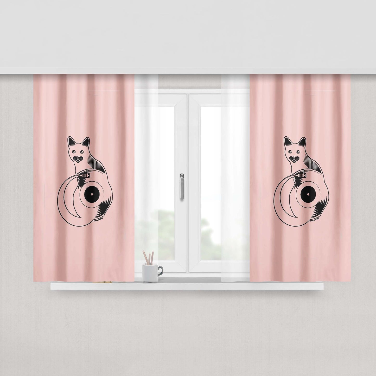Cat Record The Cat Sat On The Slipmat Vinyl Inspired Peach Skin Window Curtains