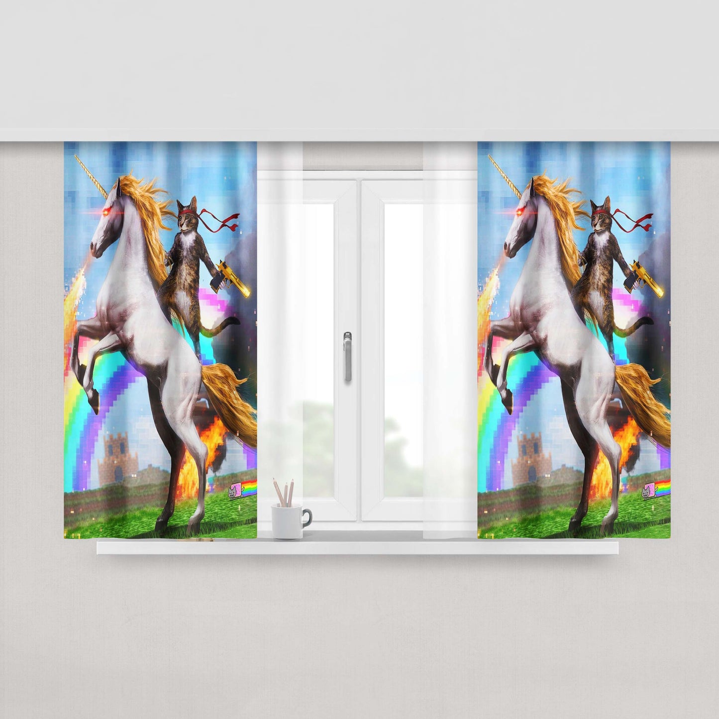 Cat Unicorn Pixel Rainbow Peach Skin Window Curtains