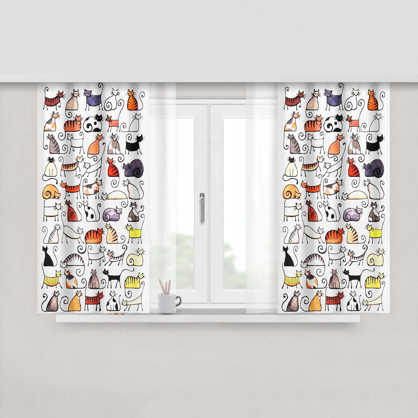Cats Doodle Cats Sketch Peach Skin Window Curtains