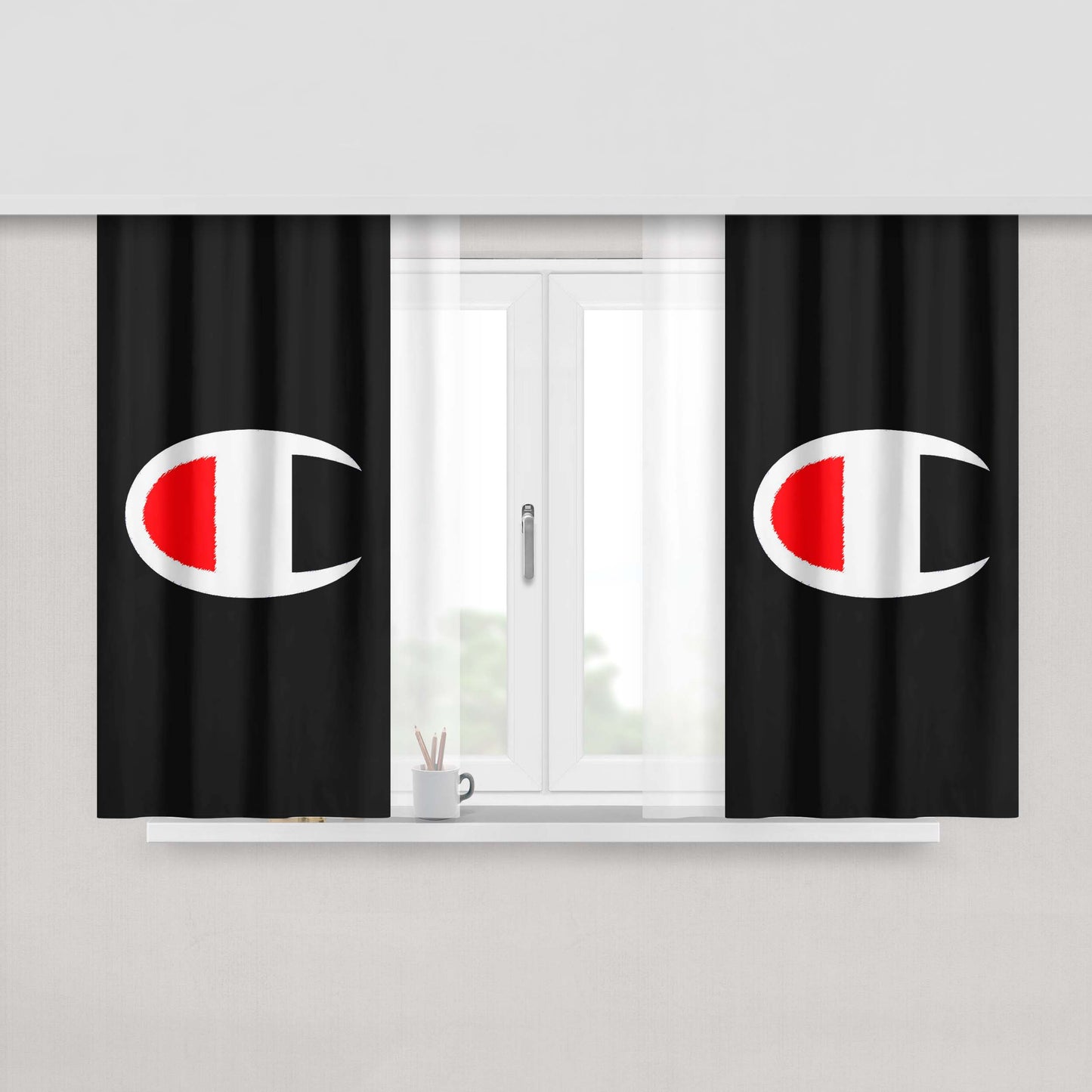 Champion Logo Black Peach Skin Window Curtains
