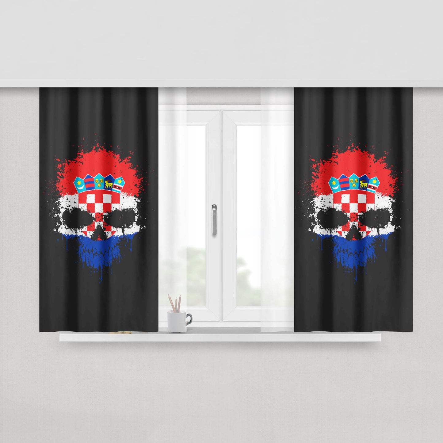 Chaotic Croatian Flag Splatter Skull Peach Skin Window Curtains