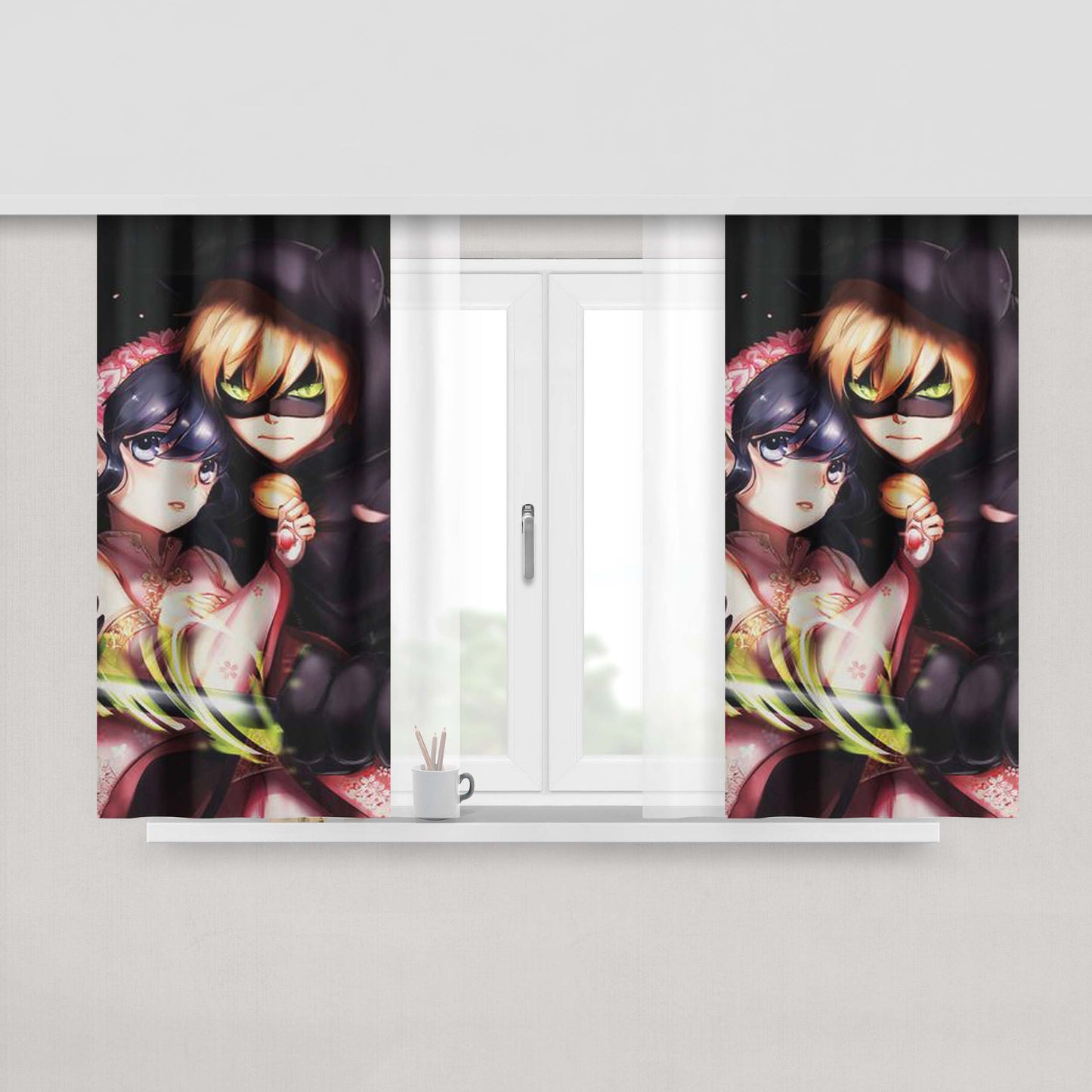 Chat Noir And Marinette Kiss Peach Skin Window Curtains
