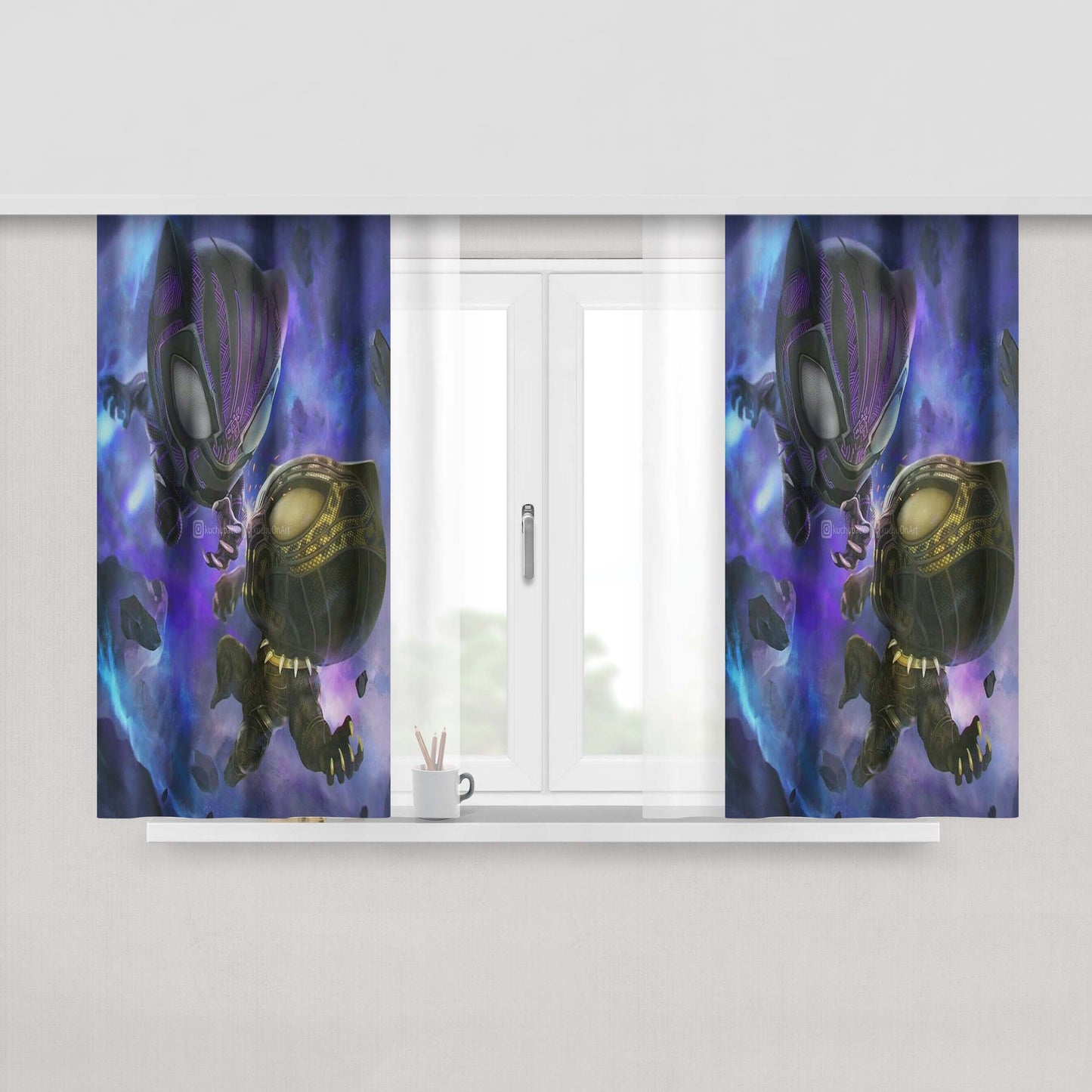 Chibi Black Panther Peach Skin Window Curtains