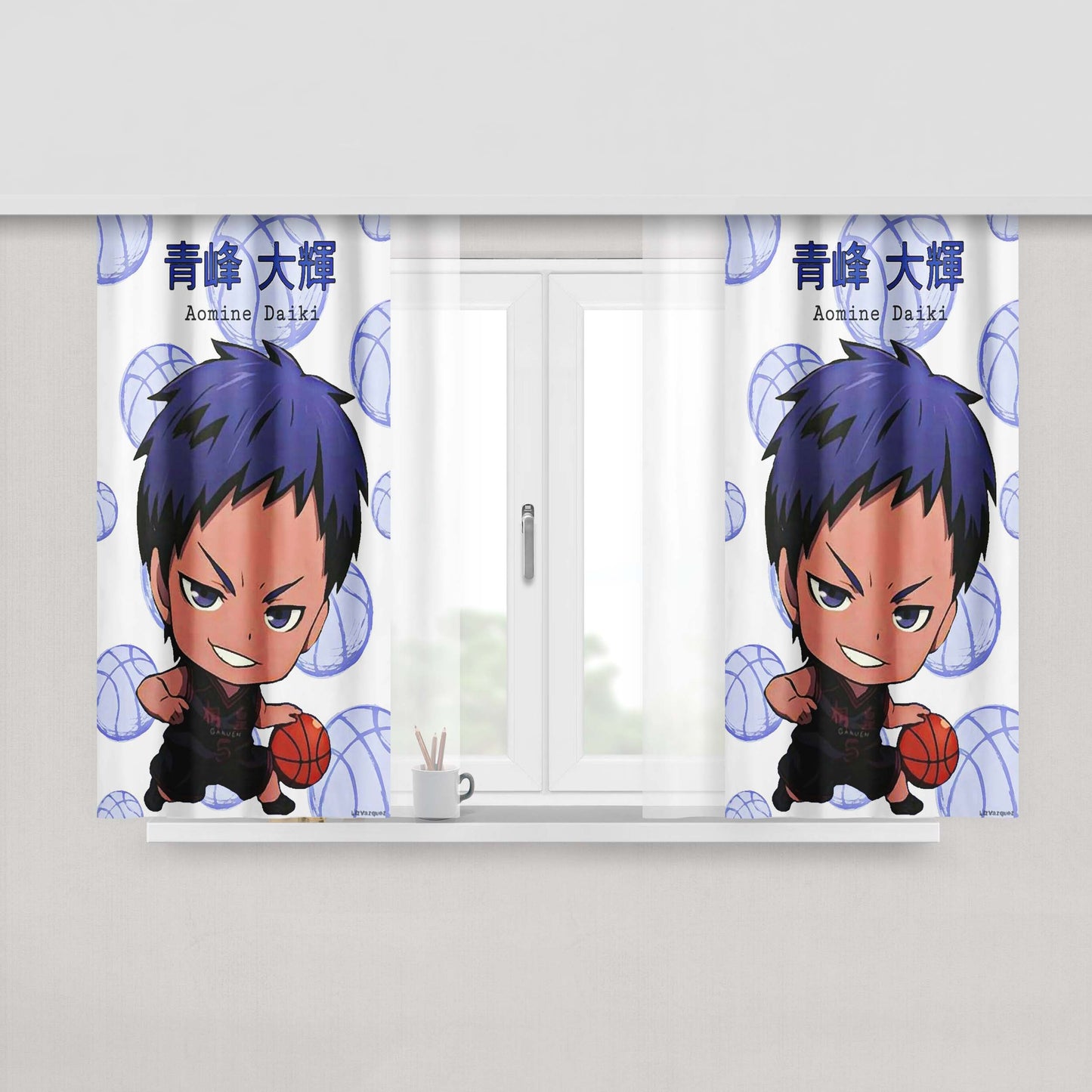 Chibi Dark Blue Aomine Daiki Kuroko No Basket Peach Skin Window Curtains