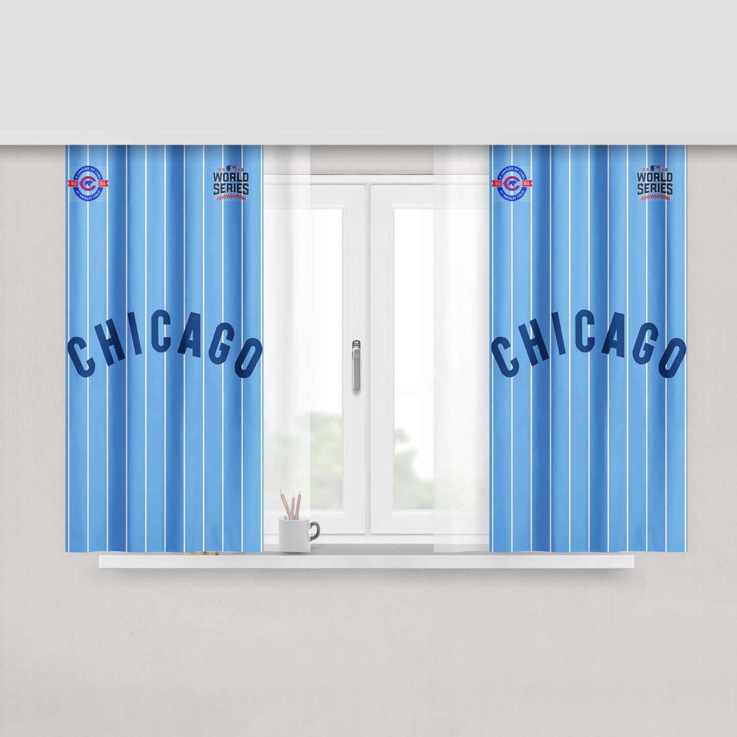 Chicago Cubs Blue Stripe Peach Skin Window Curtains