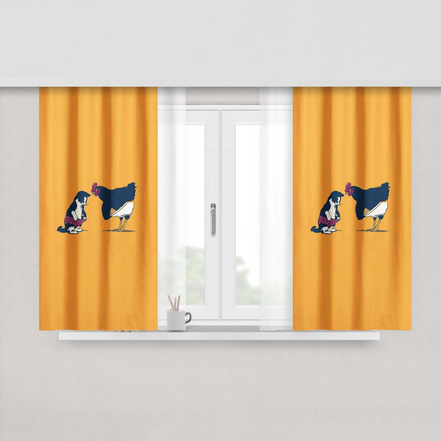 Chicken And Cat Wallpaper Peach Skin Window Curtains