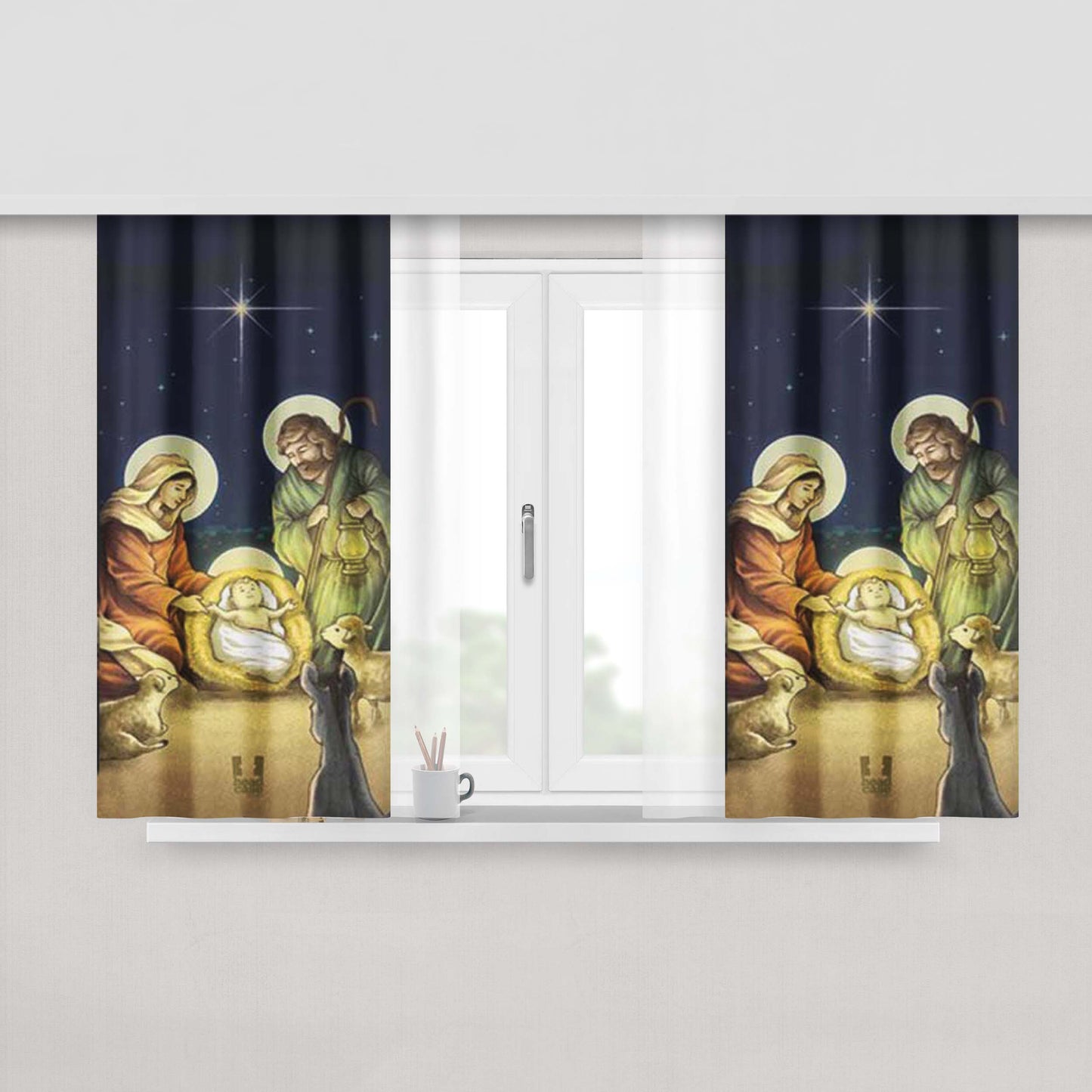 Christmas Nativity Peach Skin Window Curtains