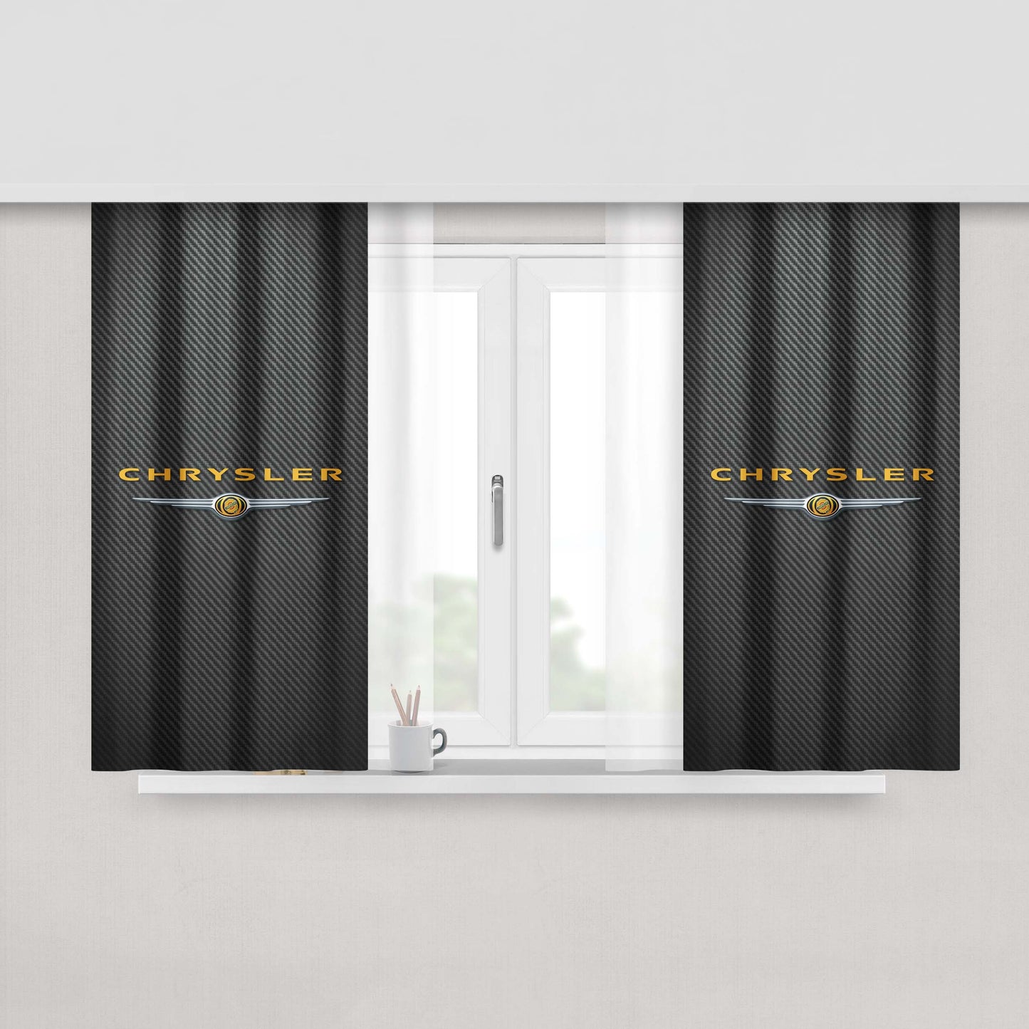 Chrysler Carbon Fiber Logo Peach Skin Window Curtains