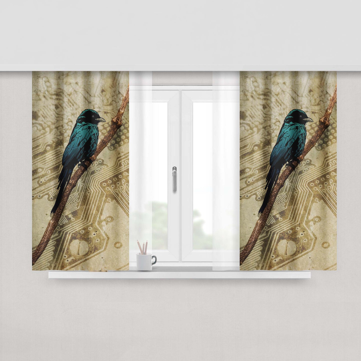 Classic Blue Bird Painting Peach Skin Window Curtains