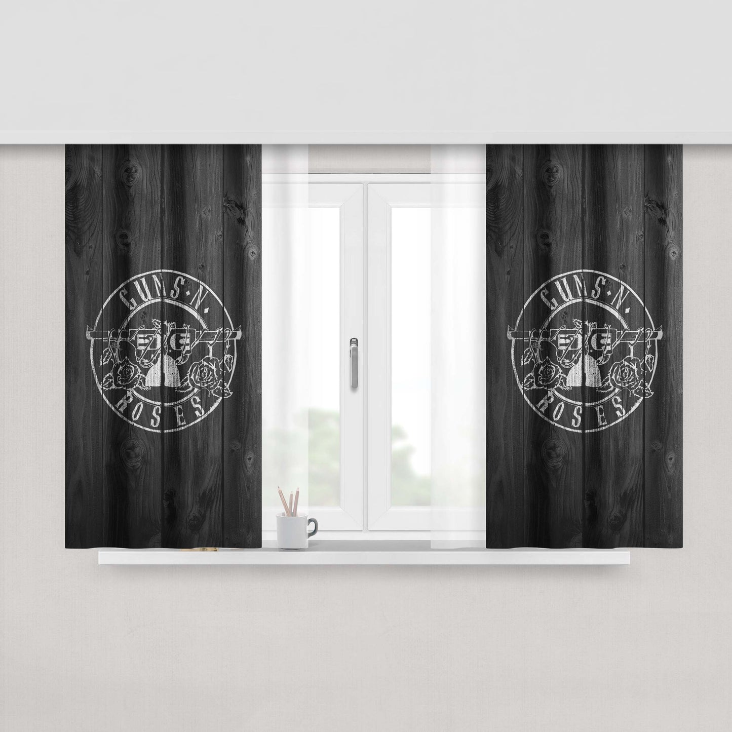 Classic Guns N Roses Logo Dark Wood Wallpaper Peach Skin Window Curtains