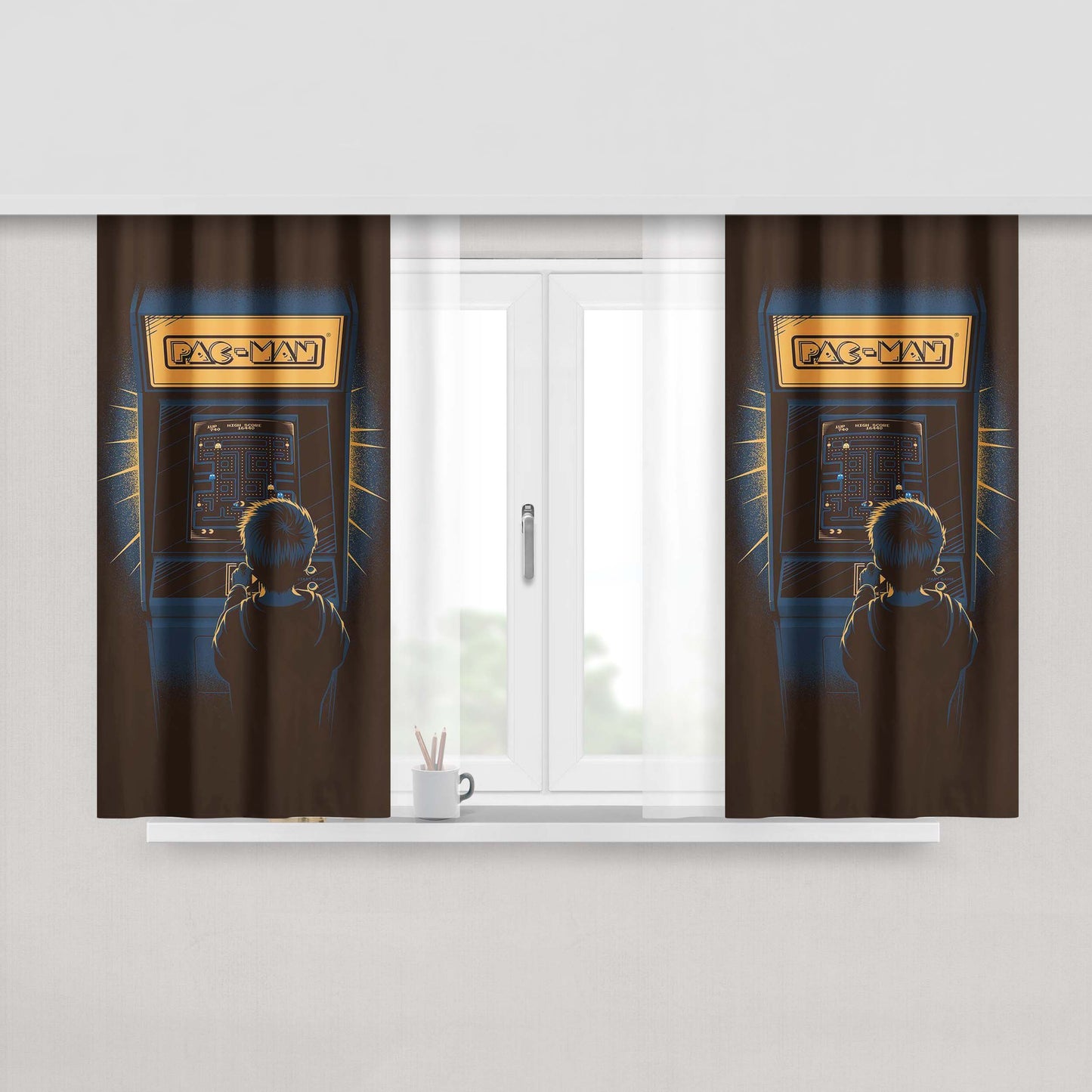 Classic Retro Dingdong Game Illustration In Shadow Peach Skin Window Curtains