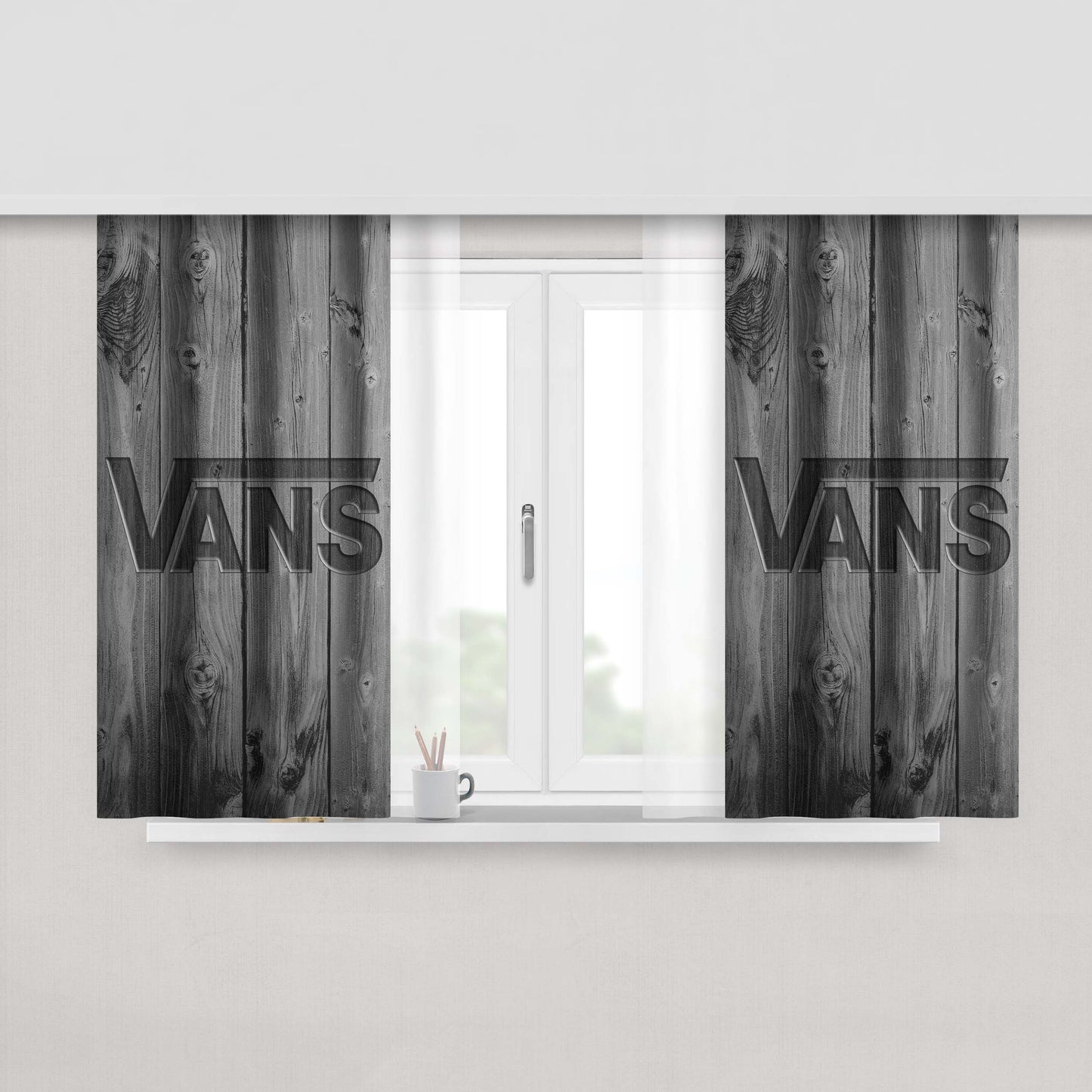 Classic Vans Logo Dark Wood Wallpaper Peach Skin Window Curtains