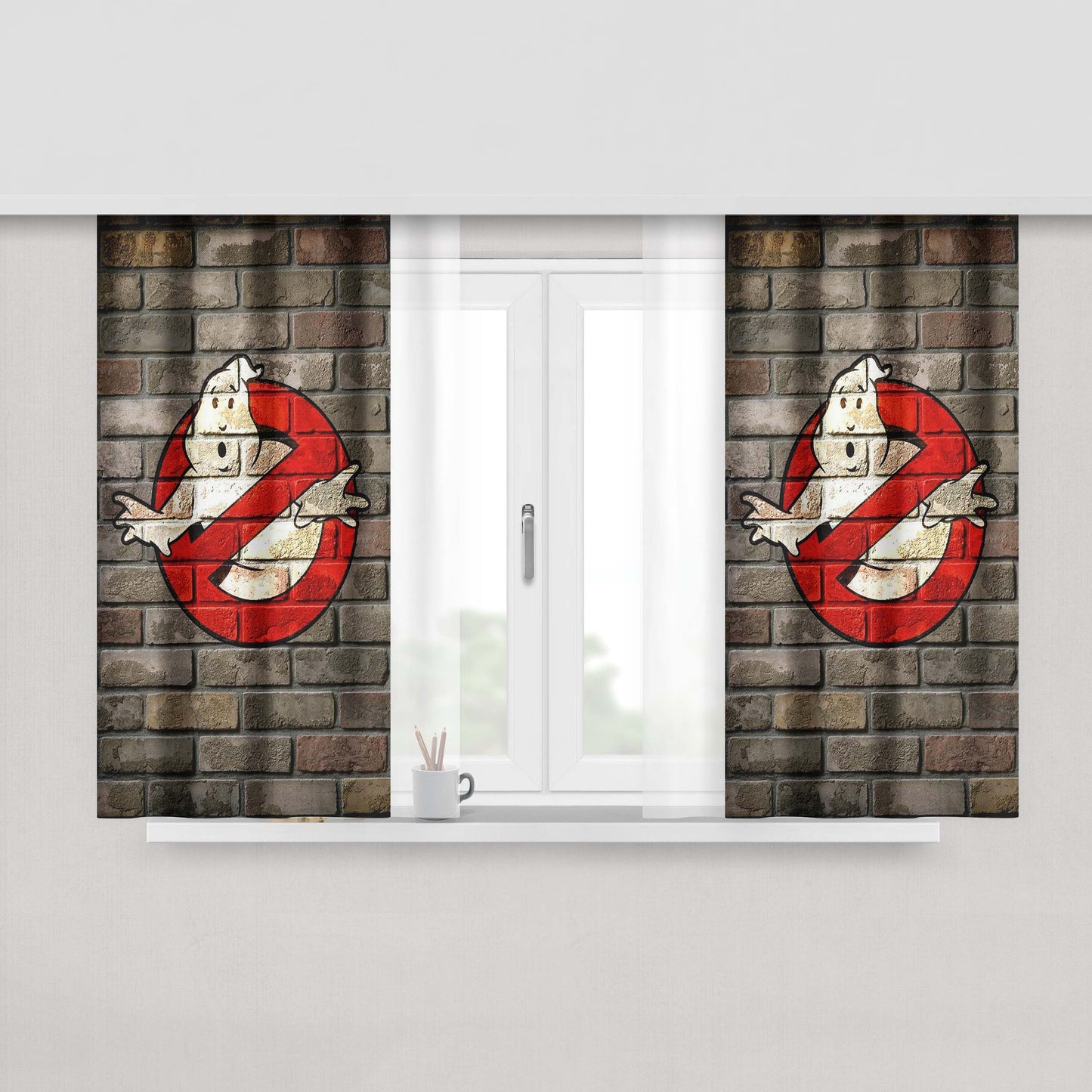 Ghostbusters Logo Brick Wall Peach Skin Window Curtains