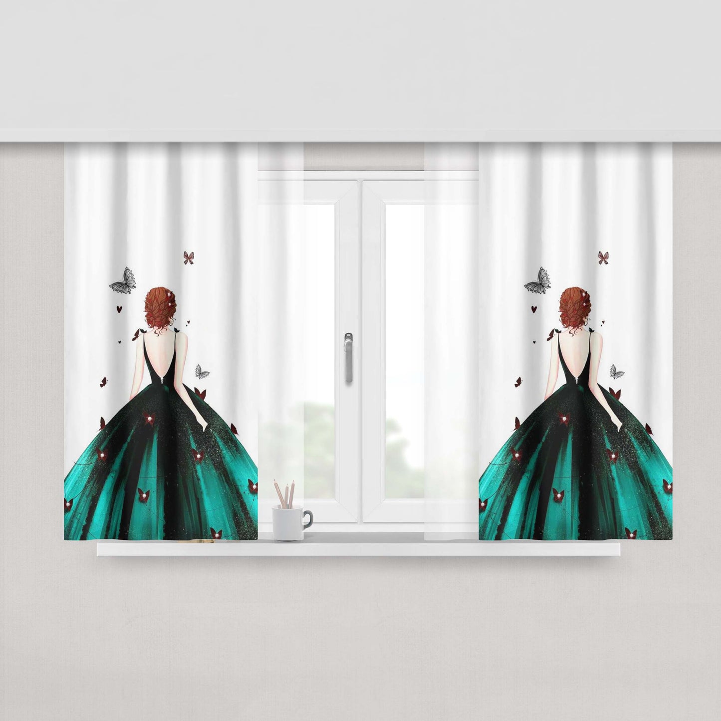 Girl On Green Dress Peach Skin Window Curtains