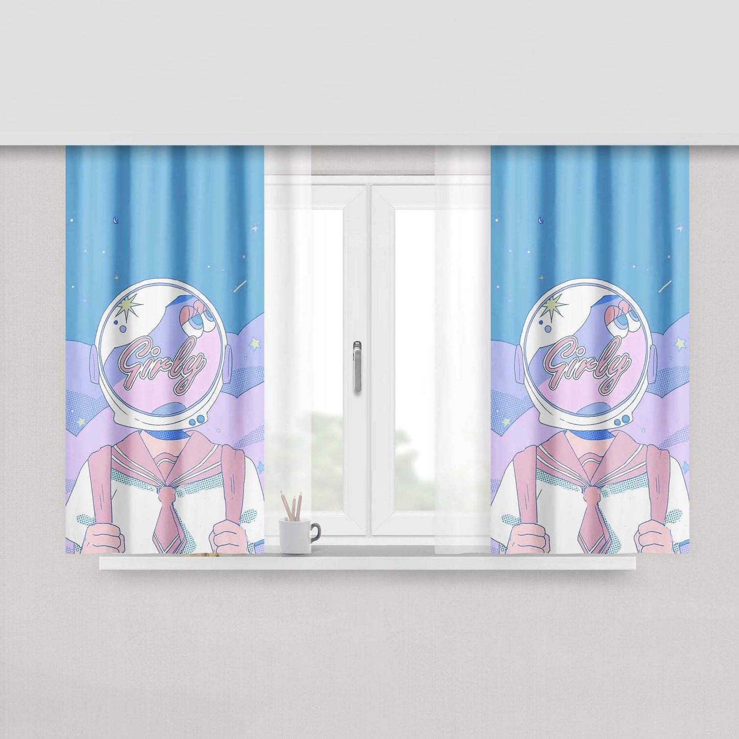 Girly Planets Blue Peach Skin Window Curtains