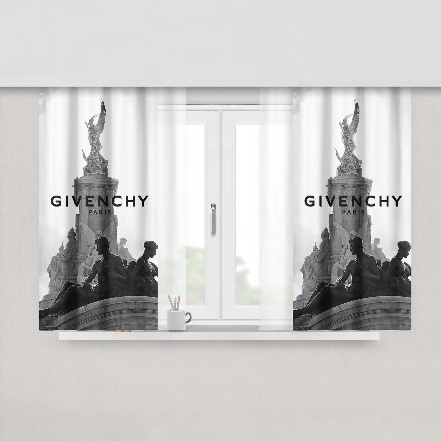 Givenchy Paris Statue Wallpaper Peach Skin Window Curtains