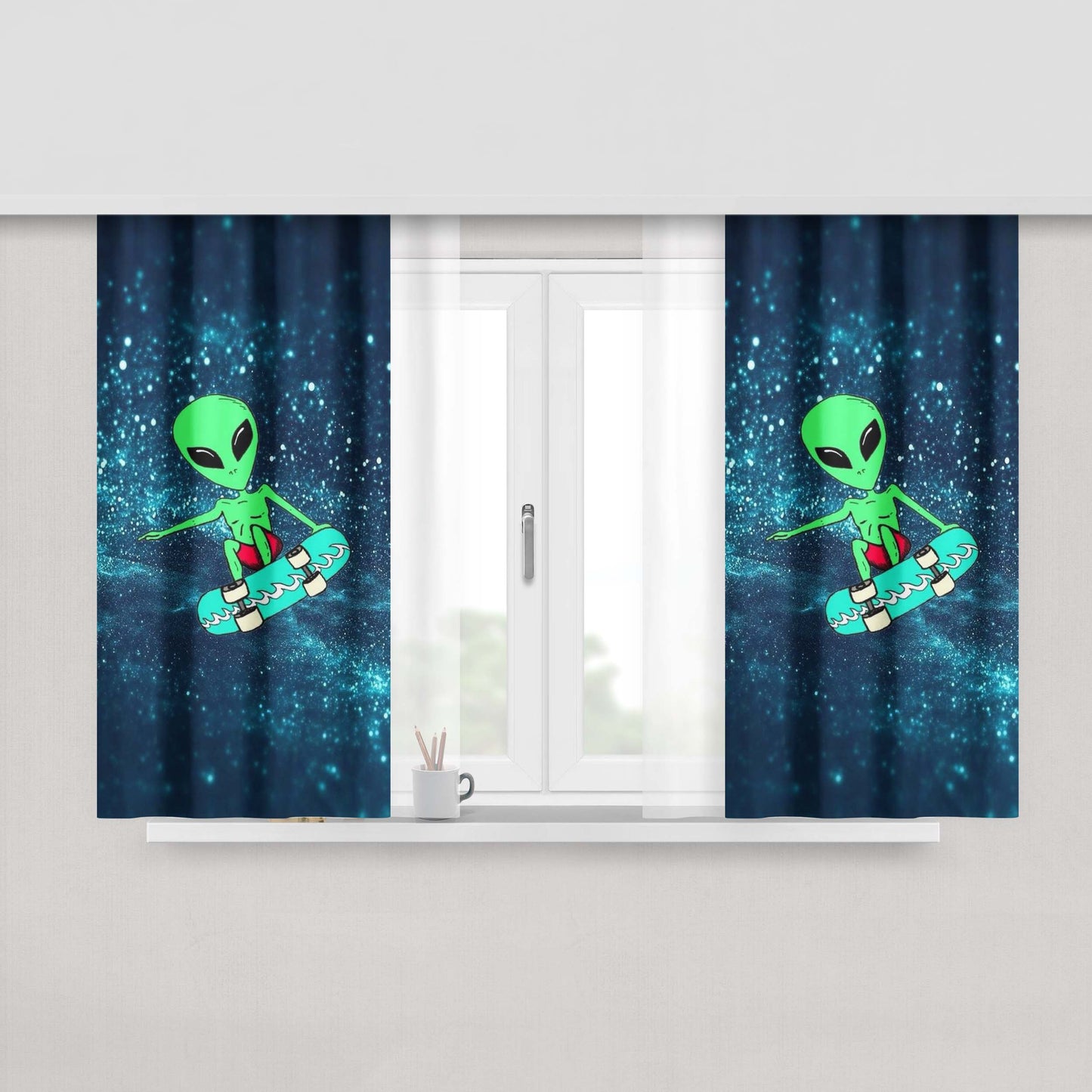 Glitter Alien Skateboard Peach Skin Window Curtains