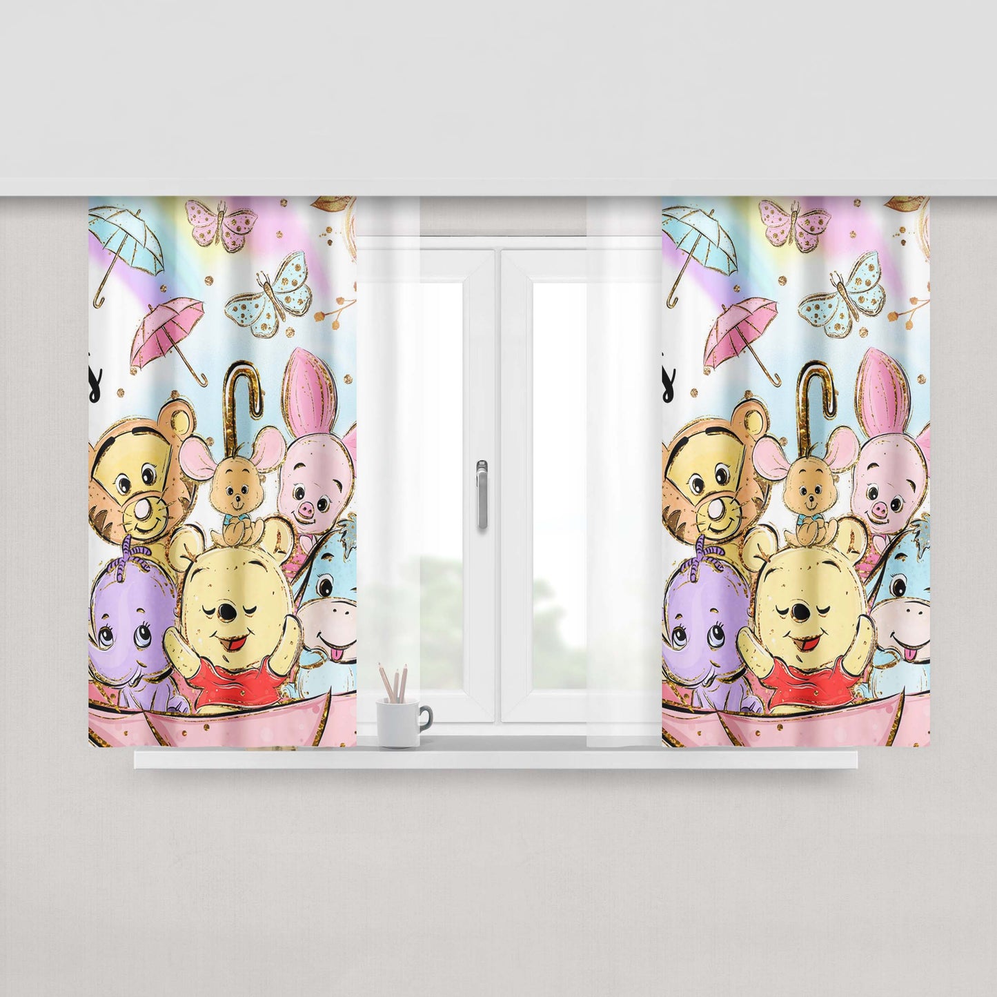 Glitter Winnie The Pooh Peach Skin Window Curtains