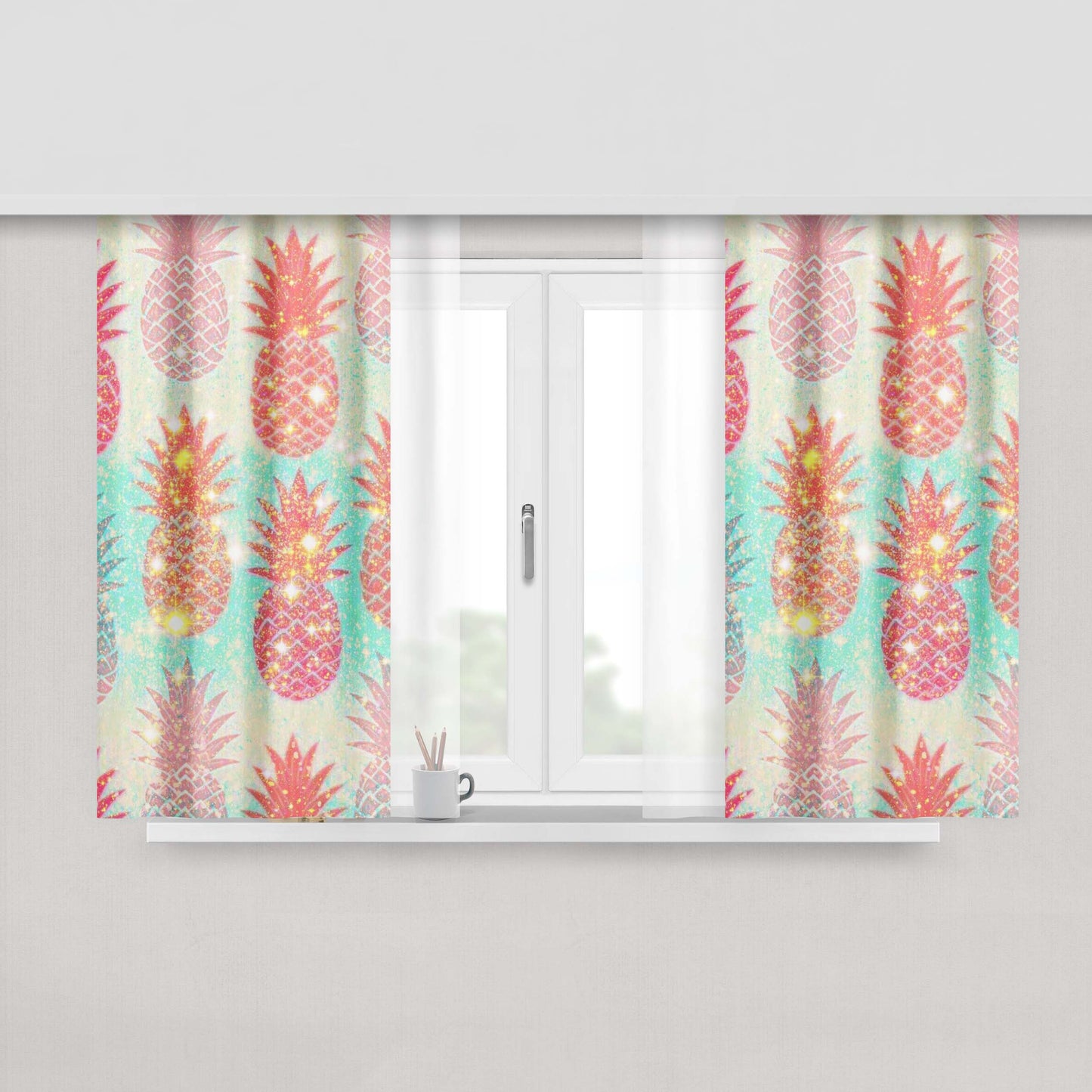 Glittery Coral Pineapples August Peach Skin Window Curtains