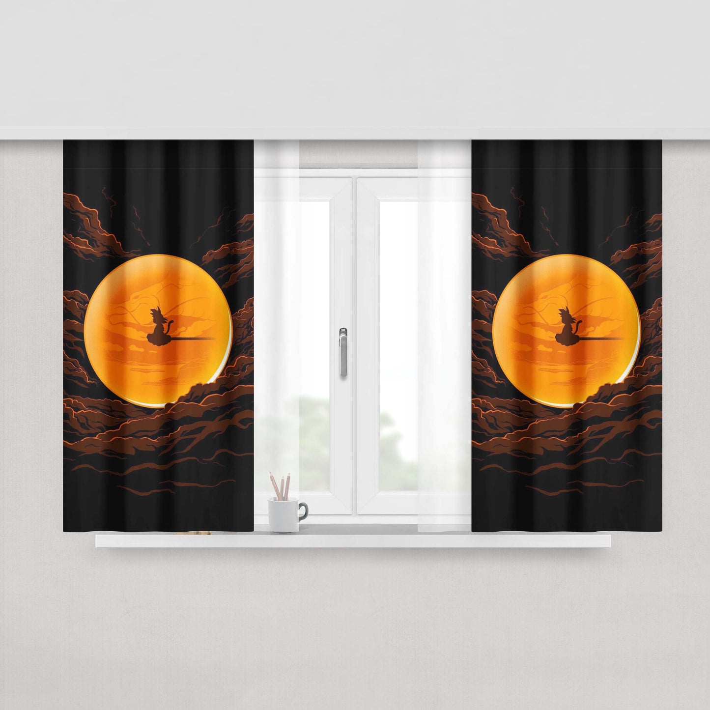 Goku On Nimbus Silhouette Peach Skin Window Curtains