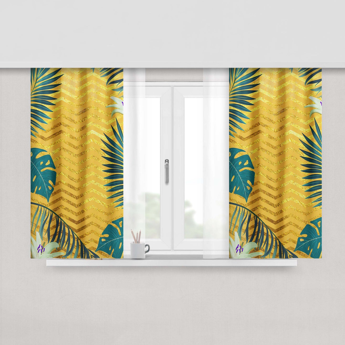 Gold Glitter Chevron X Tropical Forest Peach Skin Window Curtains