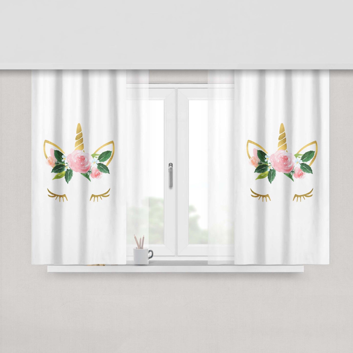 Gold Unicorn Flower Crown Nursery Girls Peach Skin Window Curtains