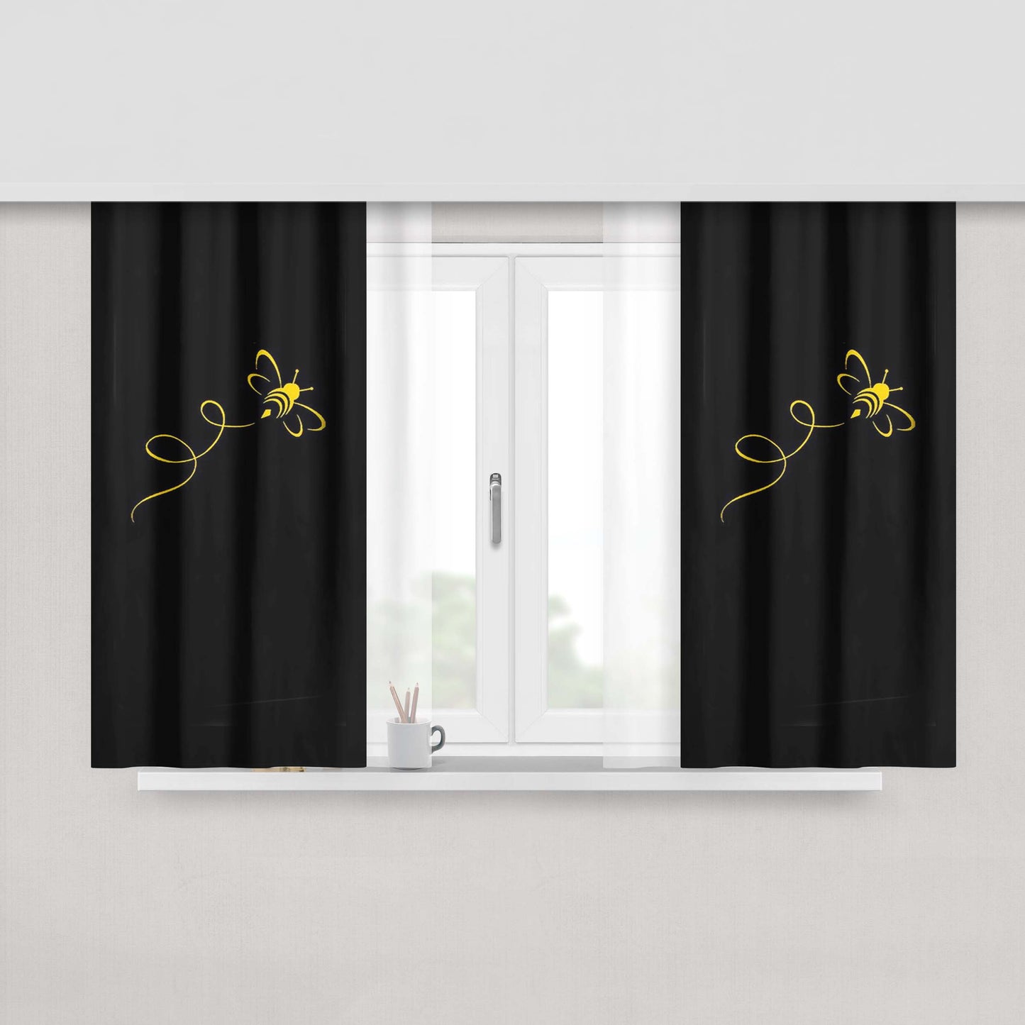 Golden Bumble Bee Line Honey Lover Peach Skin Window Curtains
