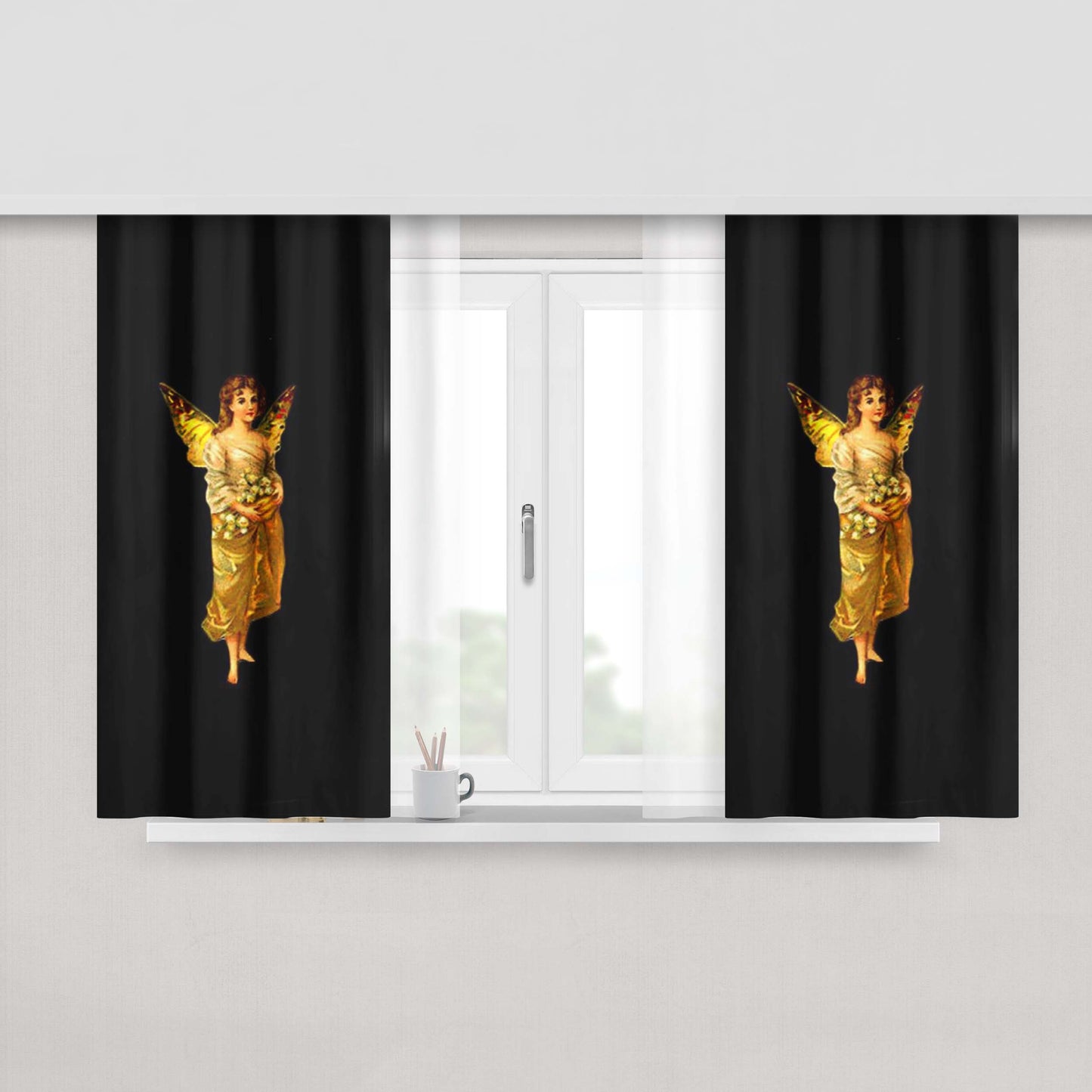 Golden Fairy Vintage Illustration Peach Skin Window Curtains