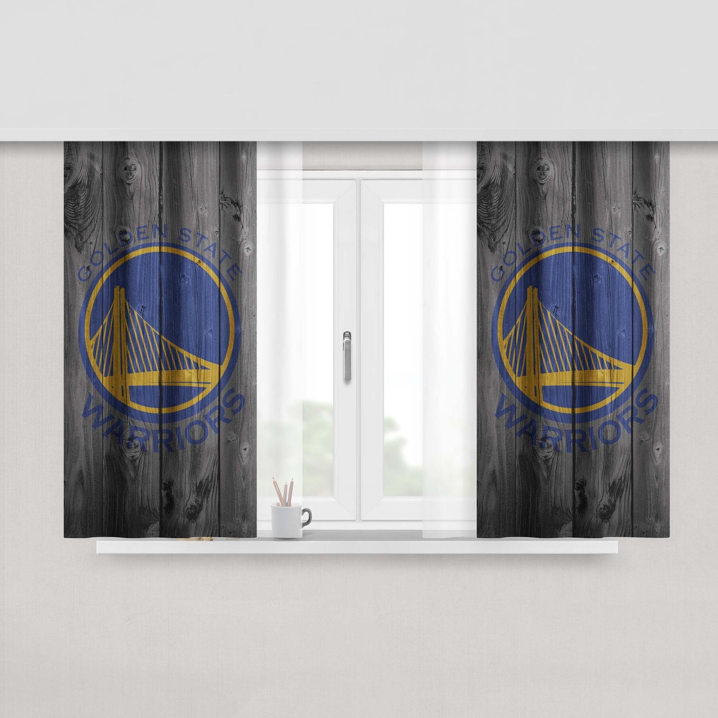 Golden State Warriors Nba Logo Dark Wood Wallpaper Peach Skin Window Curtains