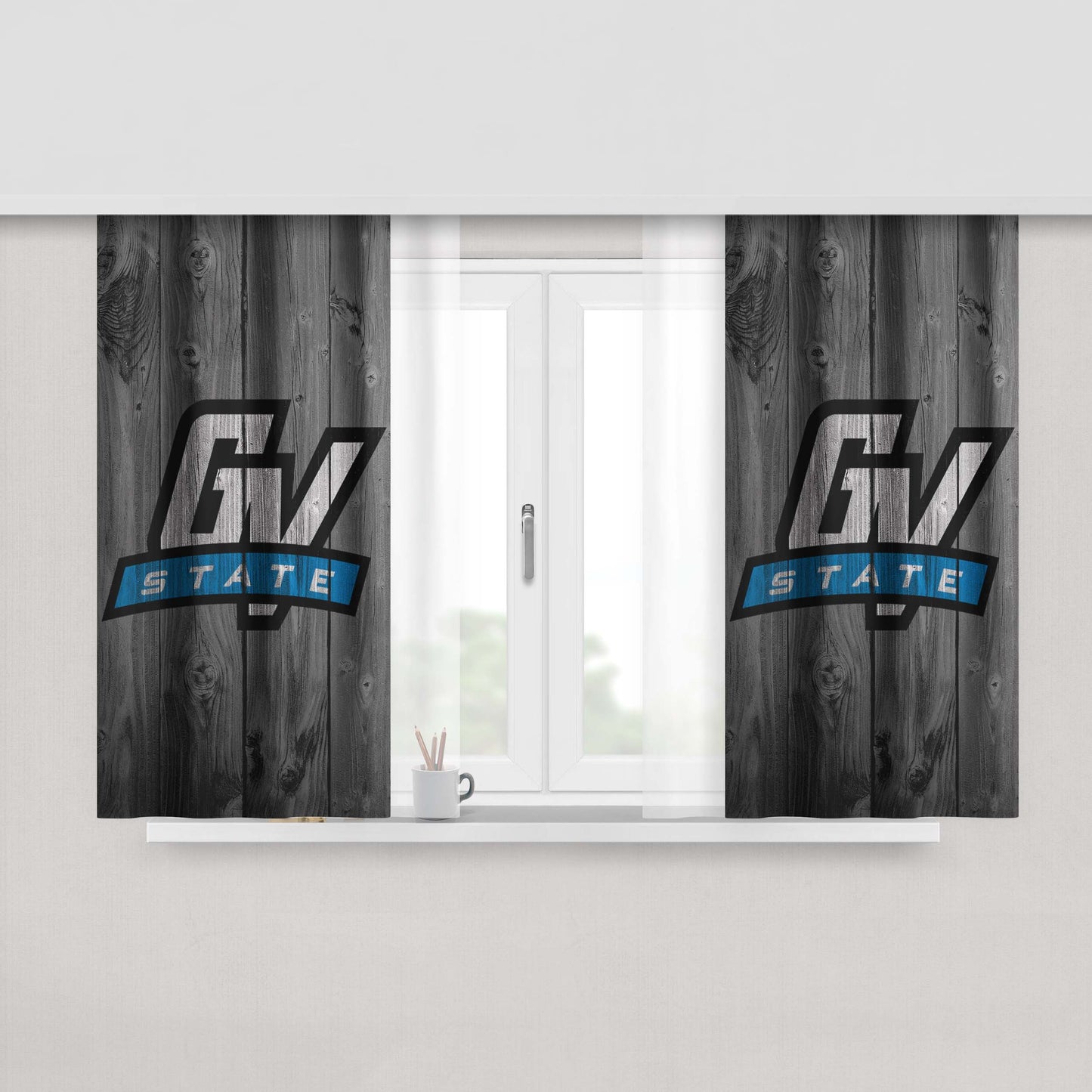 Grand Valley State University Logo Dark Wood Wallpaper Peach Skin Window Curtains