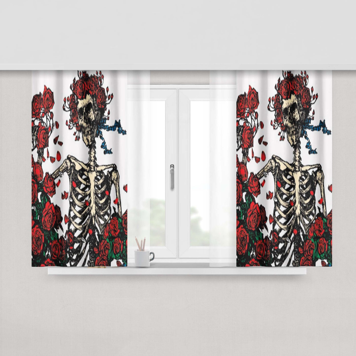 Grateful Dead Bones And Roses Peach Skin Window Curtains