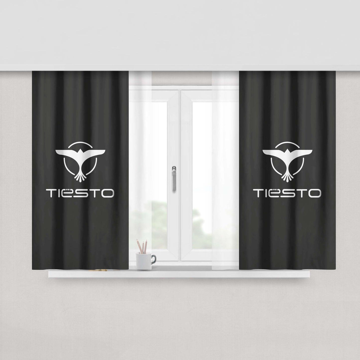 Gray White Tiesto Logo Wallpaper Peach Skin Window Curtains