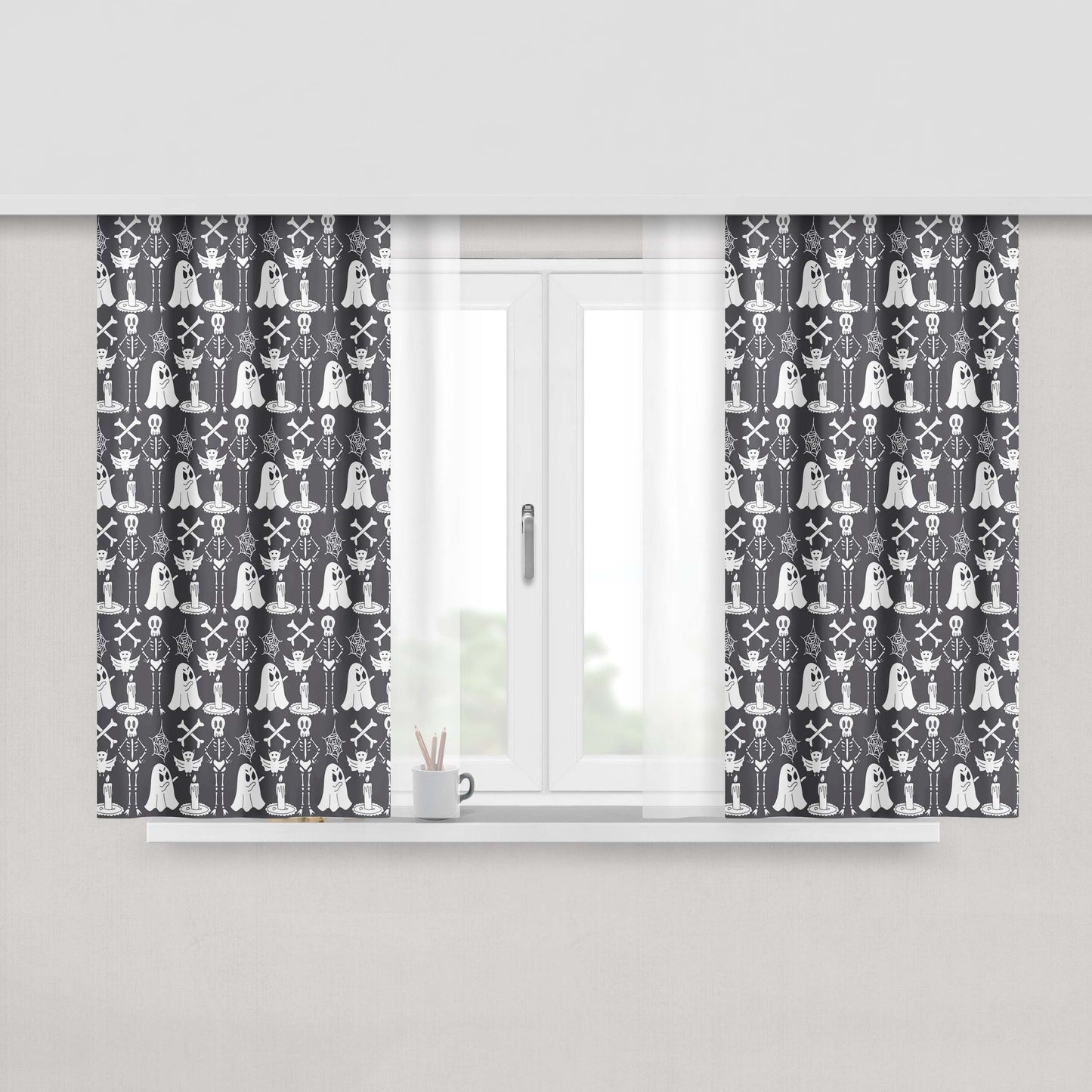 Grayscale Pattern Halloween Ghost Skeleton Art Prints Peach Skin Window Curtains