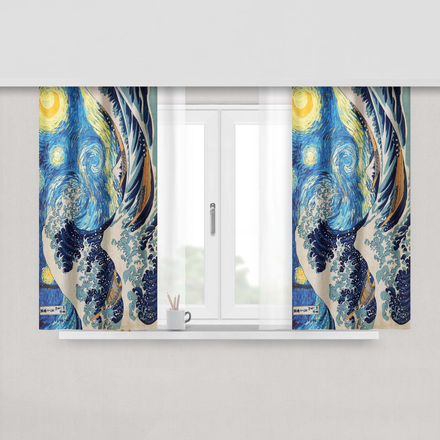 Great Wave Off Kanagawa Starry Night Van Gogh Peach Skin Window Curtains