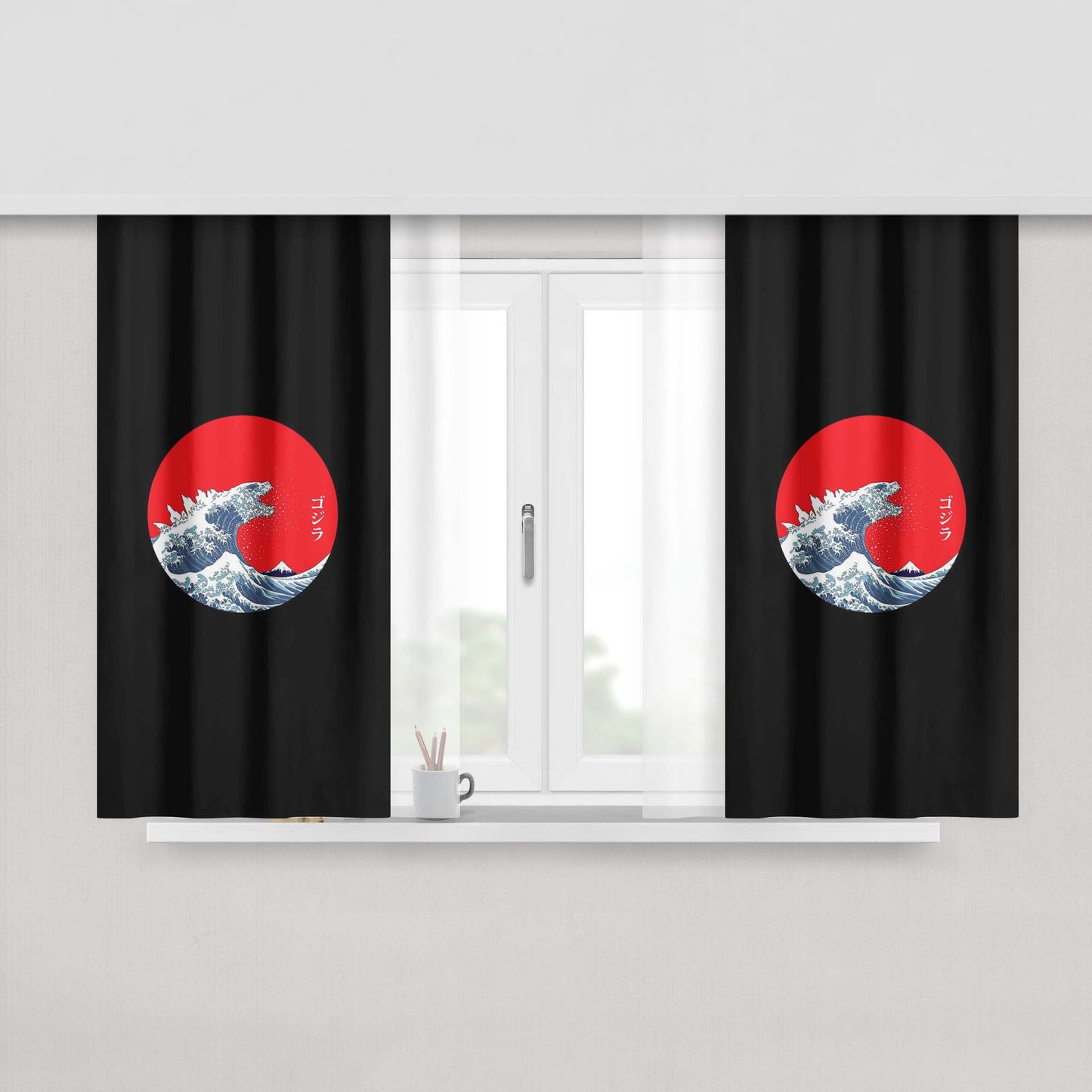 Greate Wave Godzilla Peach Skin Window Curtains