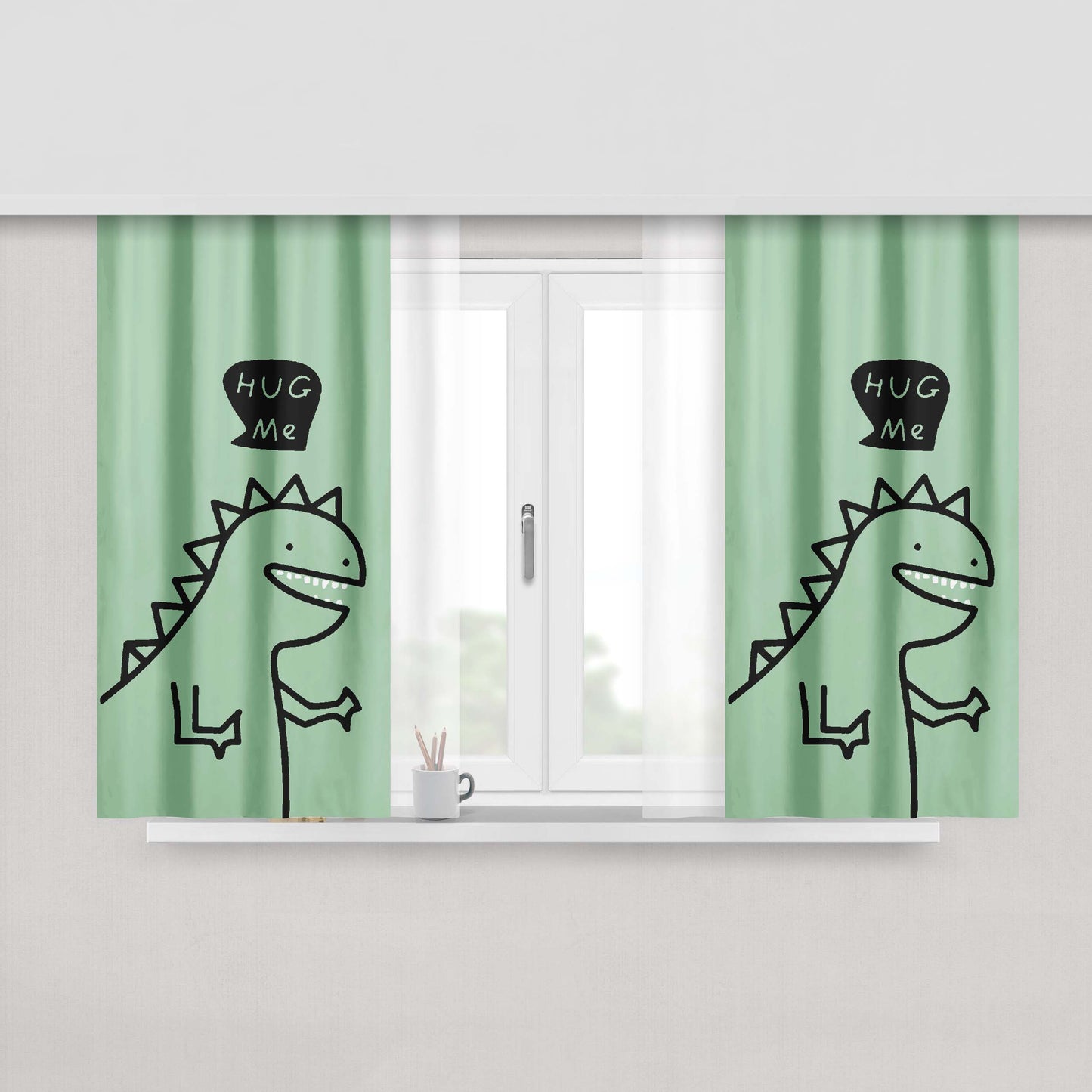 Green Dinosaur Hug Me Cute Peach Skin Window Curtains