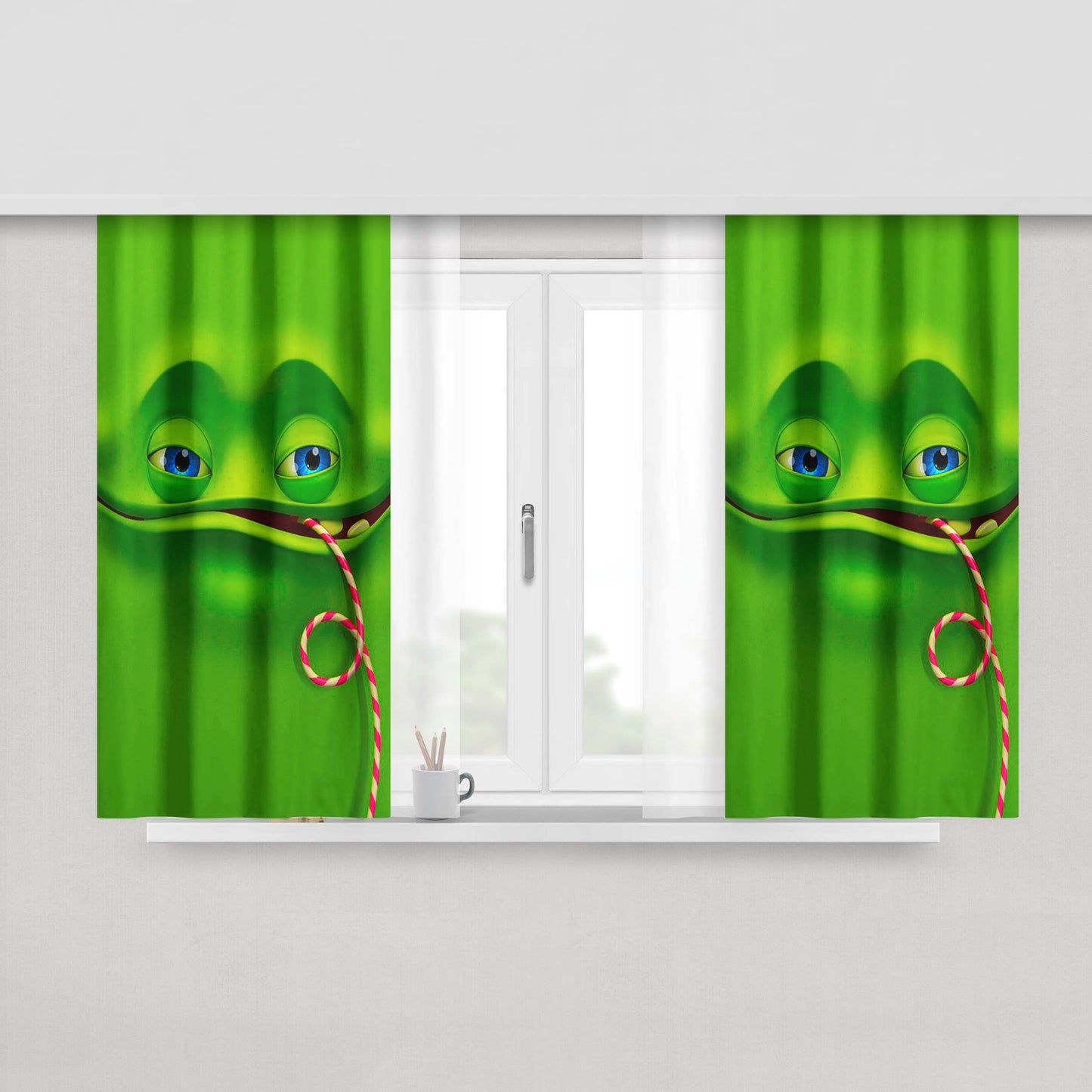 Green Joyful Face Peach Skin Window Curtains